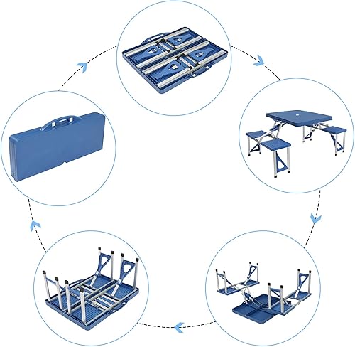 Miniatura 6 de Mesa de picnic plegable para acampar con asientos/agujero para paraguas, para interiores y exteriores, resistente, portátil, con asa, bloqueo para