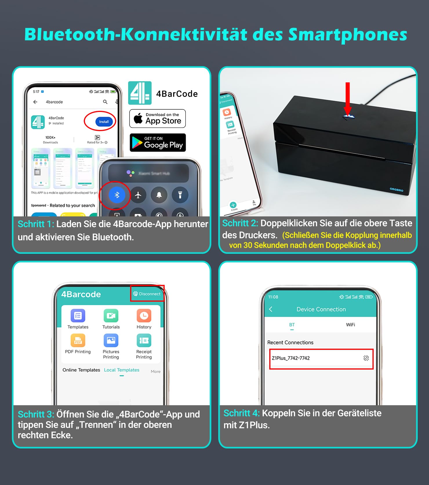 ORGBRO Bluetooth Etikettendrucker Z1 Plus DHL Thermodrucker Etikettiergerät 4x6 Versandetiketten Drucker Labeldrucker für Barcode, Adresse, Kompatibel mit Amazon, Etsy, Shopify, Schwarz