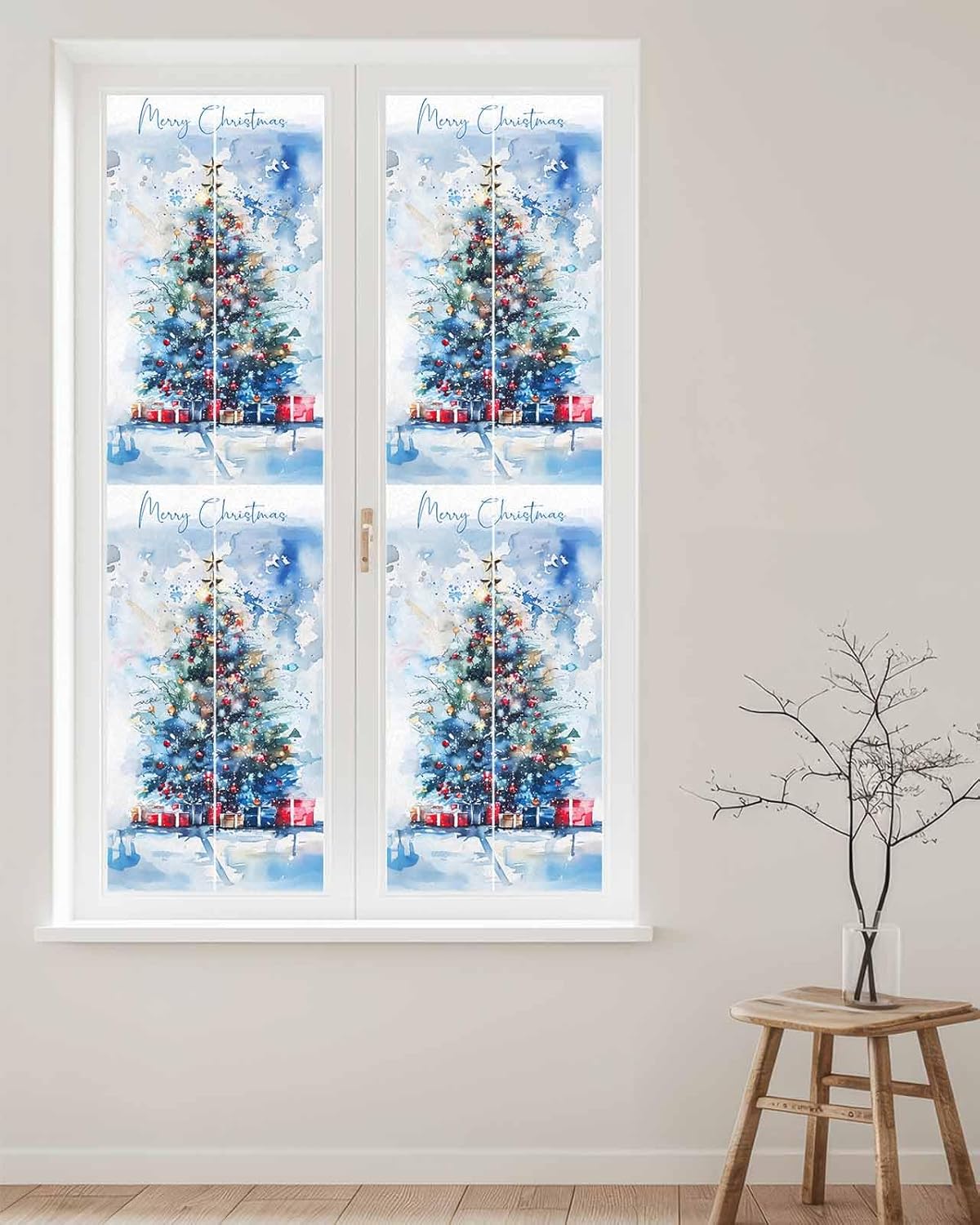 Merry Christmas Tree Stained Glass Window Film - Decorative Static Window Cling for Glass Door, Bathroom - Blue Watercolor Xmas Theme - 29.5"x78.7"
