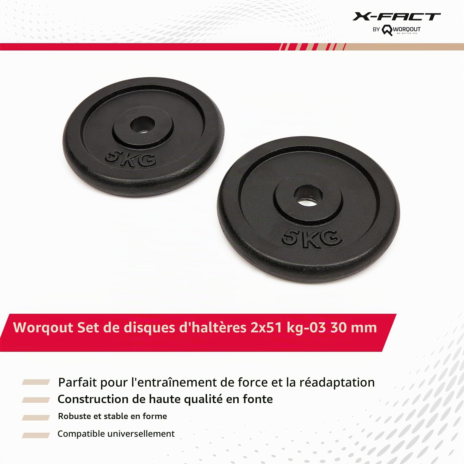 Ensemble de disques de poids – 2 x 5 kg, Ø 30 mm, en fonte pour l'entraînement en force