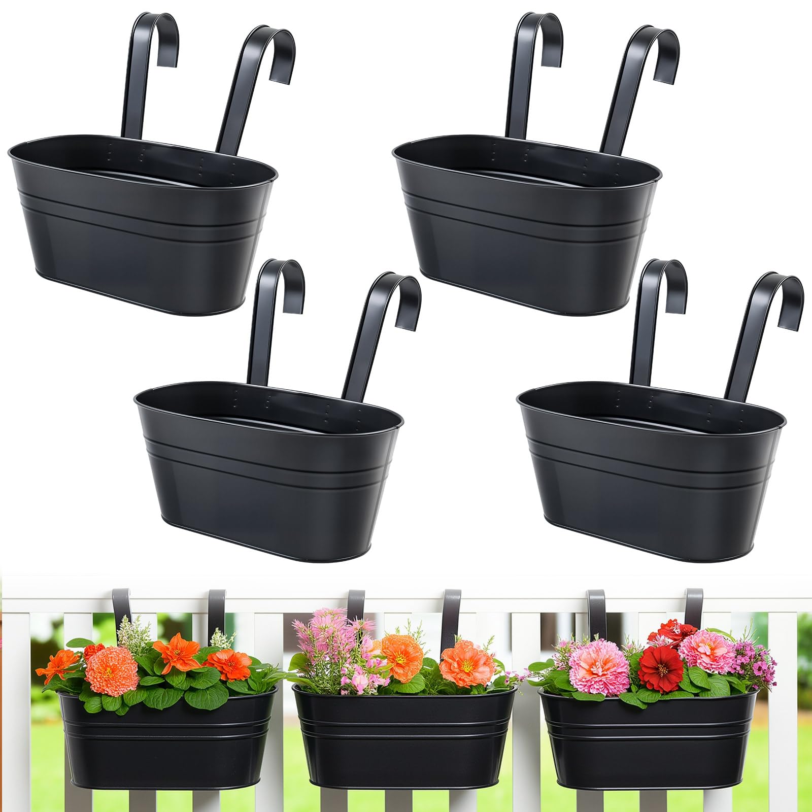 YedZen 4Pcs Metal Hanging Plant Pots, 27.5cm Balcony Planters for Railing with Detachable Hooks, Fence Hanging Planters, Flower Pots for Outdoor Garden, Home Decor, Balck