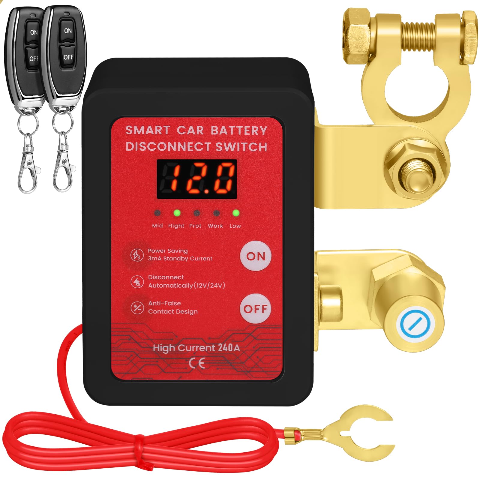 12V Batterie Trennschalter mit Drahtloser Ferngesteuerter,Batterietrennschalter mit Abschaltung,240A Batterie Kill Switch Anti-Diebstahl, für Auto, RV, ATV, LKW, Boot (Mit LED Anzeige)