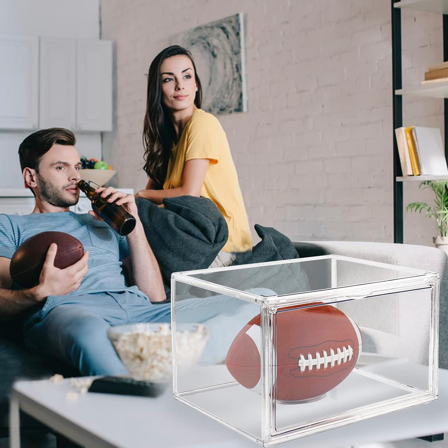 2PACK Football Display Case Acrylic Stackable Football Storage Box with Magnetic Door and Stand Mount, Large Clear UV Protection Holder, Fit Full Size Professional Football