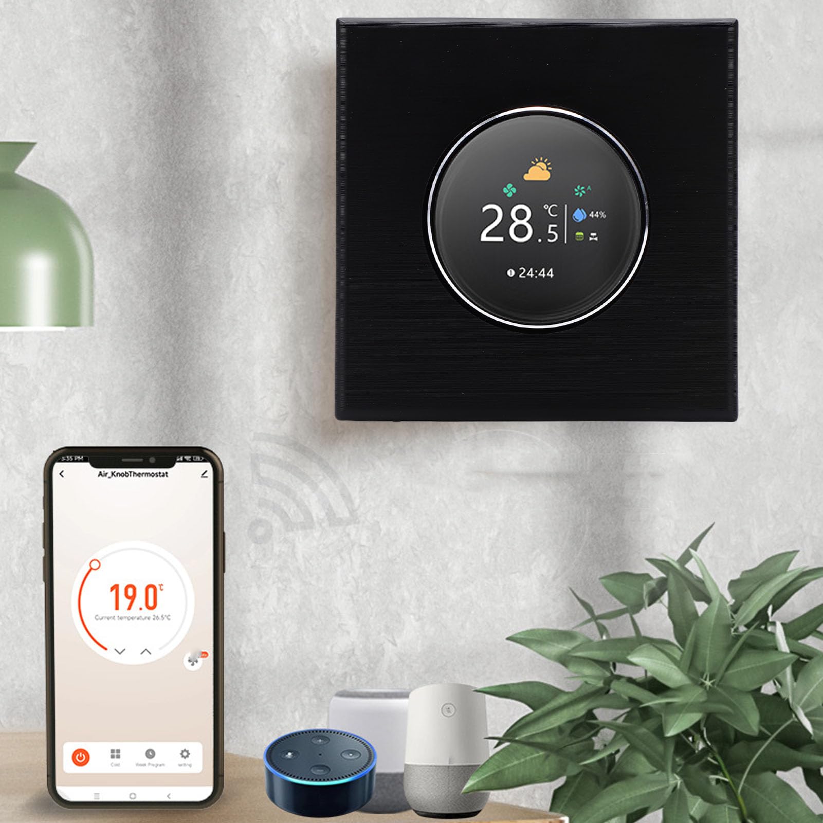 GOWENIC Inteligentny Termostat z Pokrętłem i Wi-Fi |Ekranowy Regulator Temperatury do Wodnego Systemu Ogrzewania Podłogowego HVAC, Kompatybilny z, Czarny