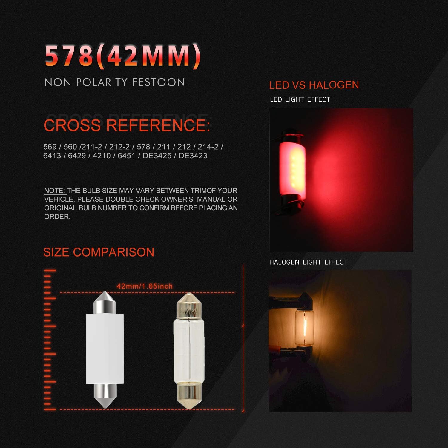 VehiCode 578 211-2 LED Bulb Red 42mm Festoon 12V CANBus Error Free Super Bright Kit 40mm 41mm 43mm SV8.5 Base 6411 211 212 212-2 for Car Interior Dome Map Panel Trunk Cargo Light (4 Pack)