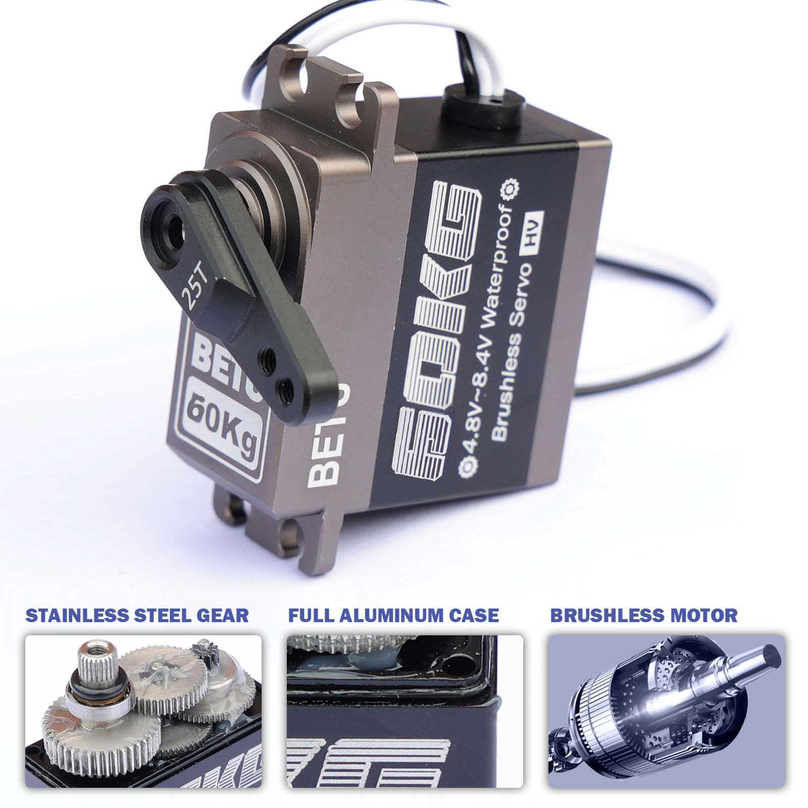 BETU Servo sin escobillas de 60 kg, servo de alta velocidad, servo RC impermeable compatible con 1/5,1/6, 1/8, 1/10 RC coche/robot/barco/avión
