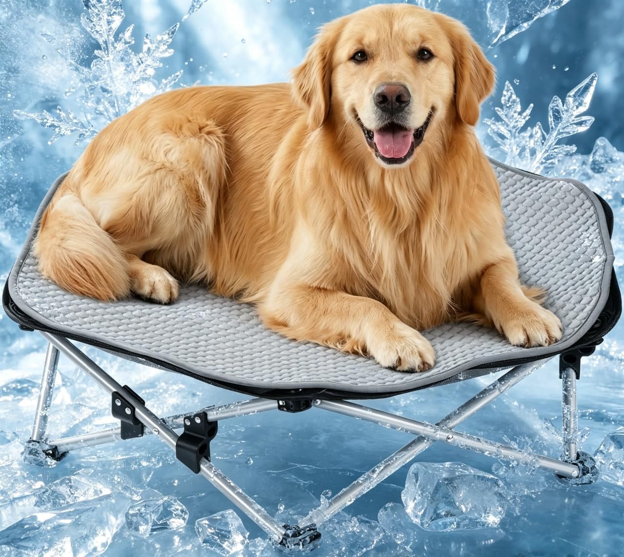 Pecute Elevated Dog Bed with Cooling Blanket, Chew Proof Outdoor Pet Cot for Large Dogs, Tool-Free Assembly & 360° Breathable Mesh for Summer Camping, Orthopedic Joint Support, XL, 38.2×35.4×7.9"