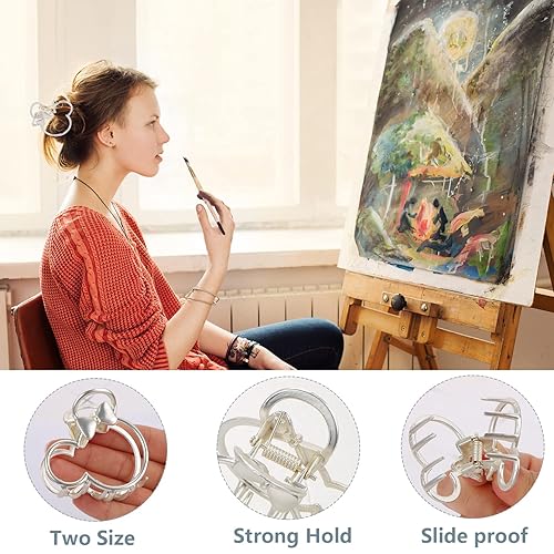 Miniatura 3 de Pinzas para el cabello, 2 pinzas de metal plateado para cabello grueso y pesado, cabeza de ratón, hueca, antideslizante, pasador, pinza de