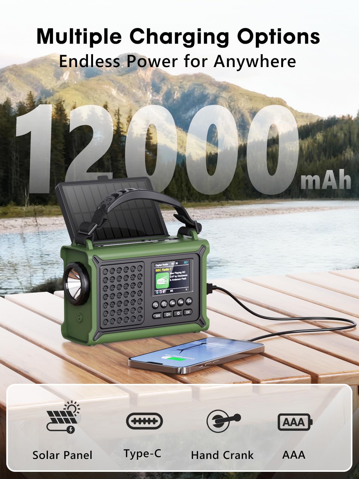 ROCAM Tragbares DAB+ Radio mit Bluetooth, 12000mAh Kurbelradio mit 8500mm² Solarpanel & 650mA Kurbel, DAB/UKW Digital Radio mit 2,4" Farbdisplay, 80 Sender, LED-Taschenlampe, SOS, IPX6 für Notfälle