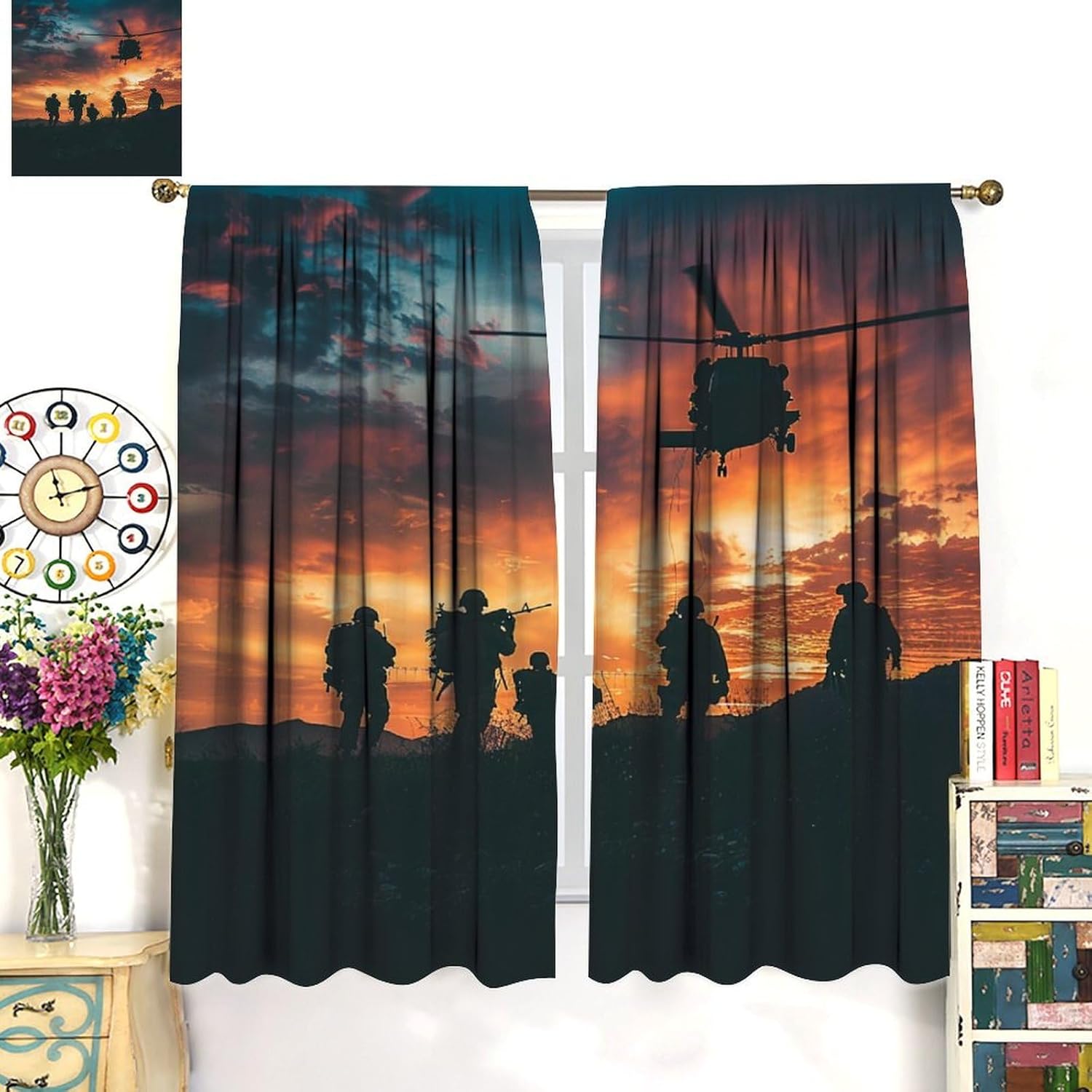 Military Soldier Silhouette Blackout Curtains for Living Room Bedroom, Helicopter July Fourth Window Curtains Rod Pocket Thermal Insulated Window Drapes, 2 Panels, Each 21" W x 45" L