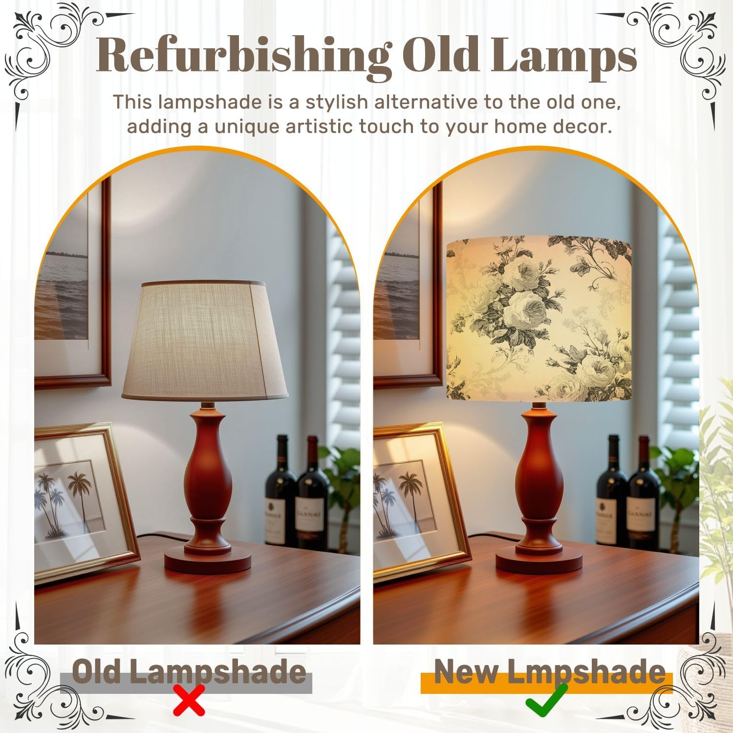Drum Lamp Shades, 13" x 10" Small Lampshades with Vintage Floral Rose Black, Boho Lamp Cover for Table & Floor Lamps, Modern Farmhouse Easy Assembly Decor