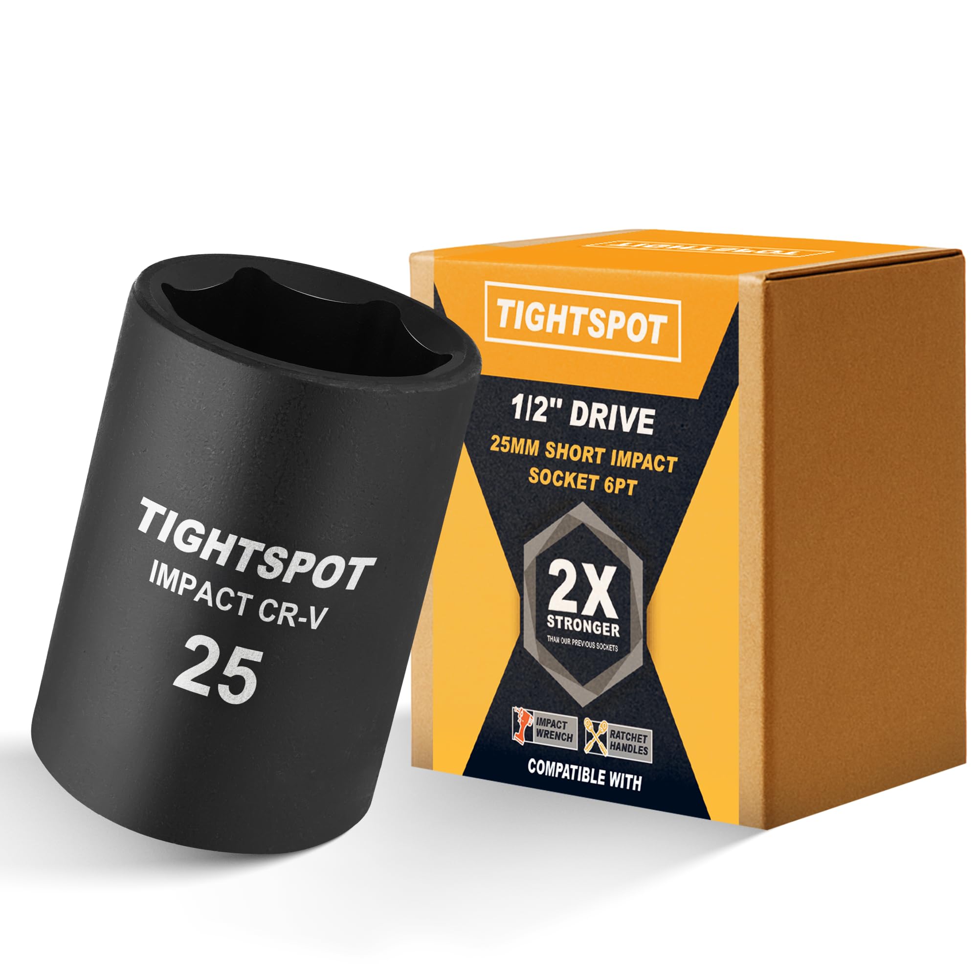 TIGHTSPOT 1/2 Inch Drive 25mm Shallow Impact Socket with Anti-Rounding 6 Point Design, Heat-Treated CRV Steel