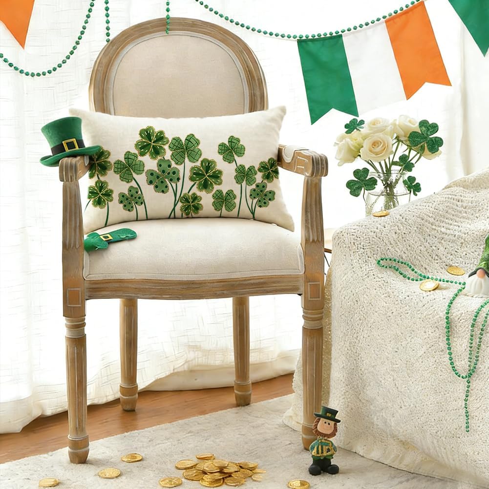 RABUSOFA St Patricks Day Lucky Clover Pillow Cover 12x20 Inch,Shamrock Polka Dot Green Spring Lumbar Cushion Case Decoration for Sofa Couch Outdoor (Green, 20" x 12" (Pack of 1)) - Image 8
