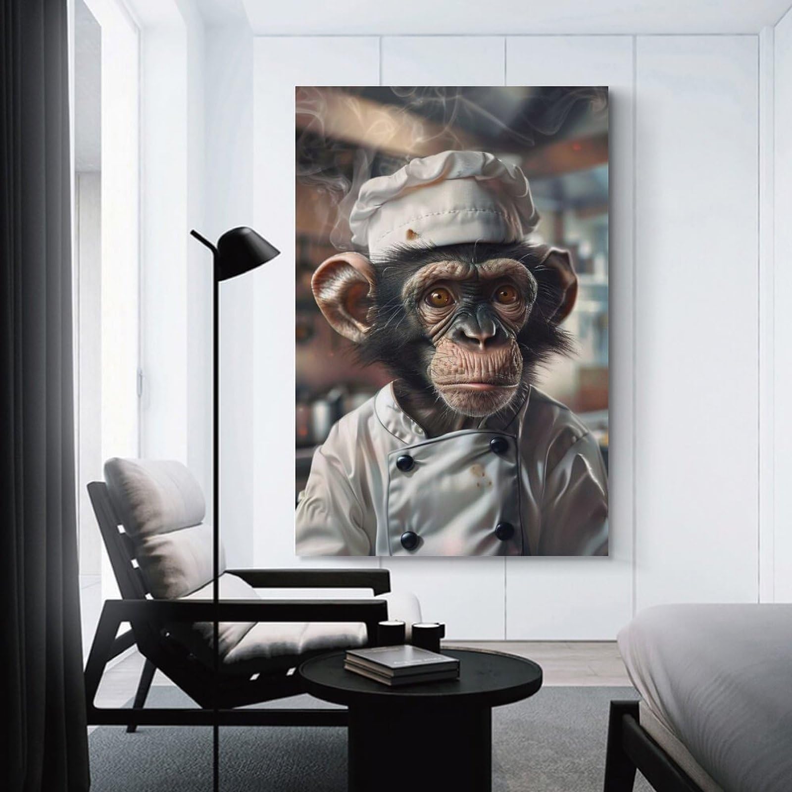 Junmoney Decorative Canvas Print Chimpanzee Chef in Kitchen, 08x12inch(20x30cm), for New Homes, Bedrooms Or Workspaces, Thoughtful Wall Decor for Art Lovers