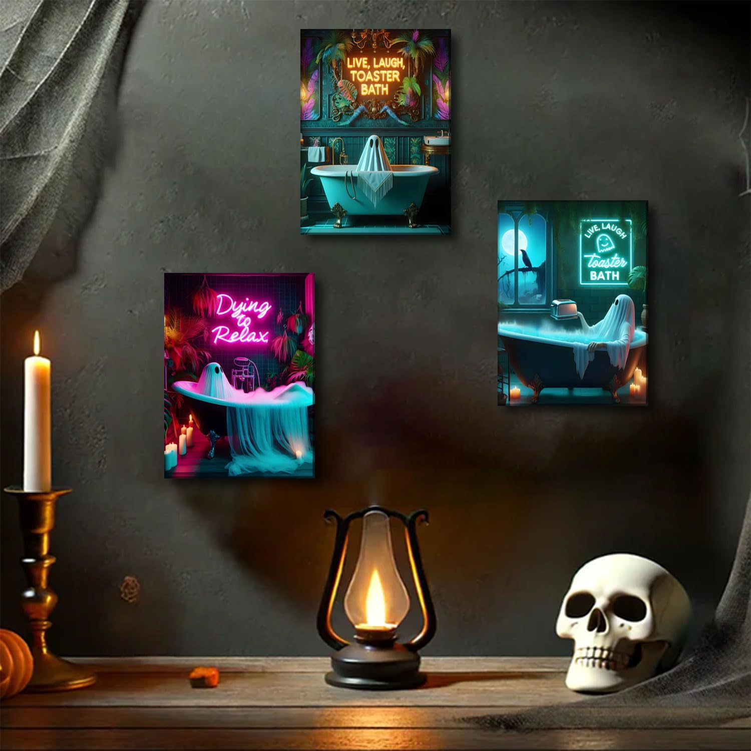3 Pcs Framed Halloween Ghost Neon Bathroom Canvas Wall Art Neon Sign Dying To Relax Wall Decor Pictures Funny Gothic Ghost Toaster Posters Prints for Restroom Dark Humor indie room Home Decortion