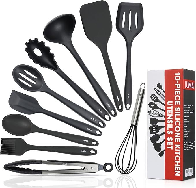 LUMAI Black Silicone Cooking Utensils Set 10 pc: Non Toxic Cooking Utensils, Silicone Kitchen Tools, Black Serving Utensils, Silicone Kitchen Utensils Set, Baking Utensils for Nonstick Cookware