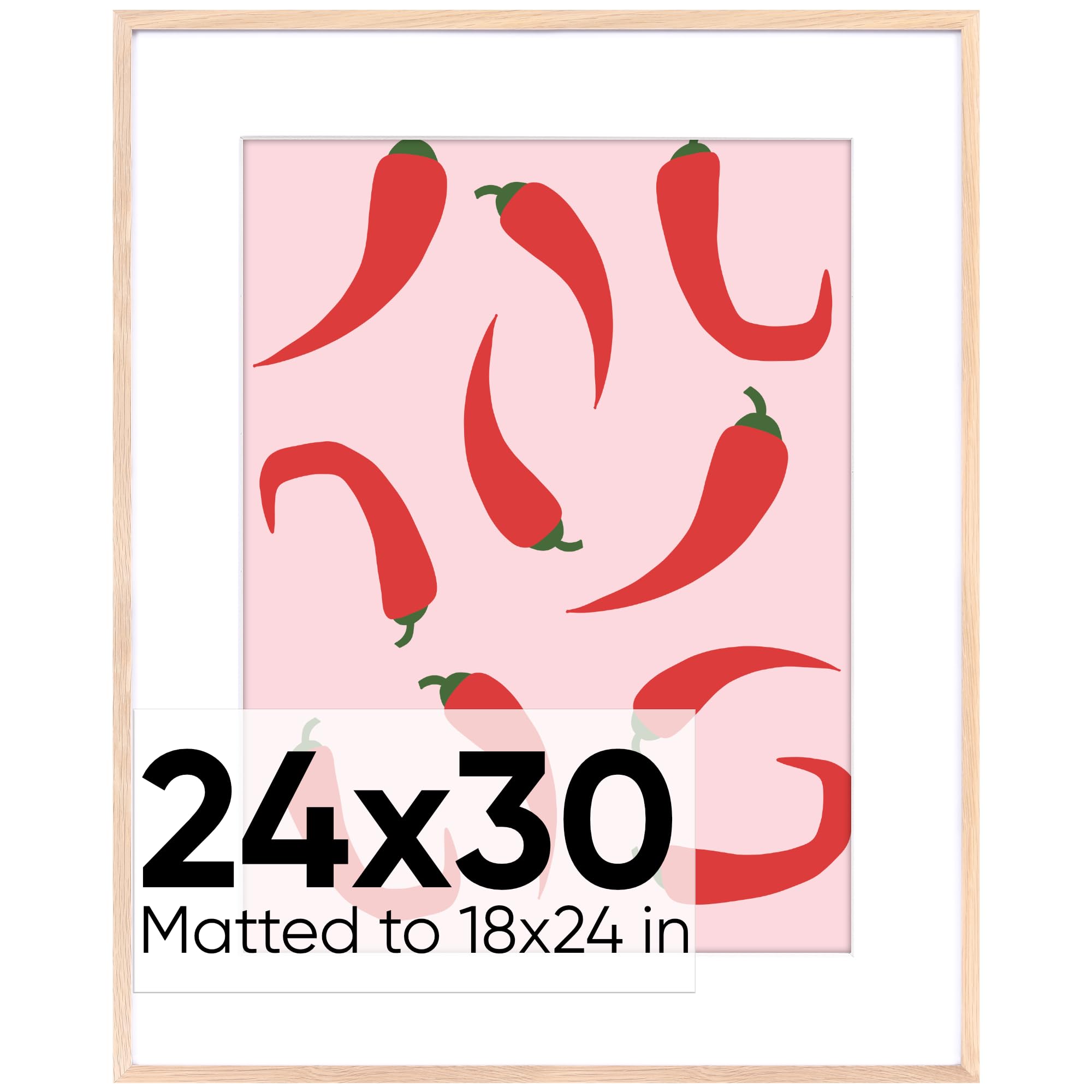 Homeforia 24x30 Wood Picture Frame, Premium Oak Wooden Poster Frames 24x30 with Mat 18x24, 24 x 30 Natural Wood Photo Frame for Wall, Tempered Glass, Wall Hook Included, Set of 1