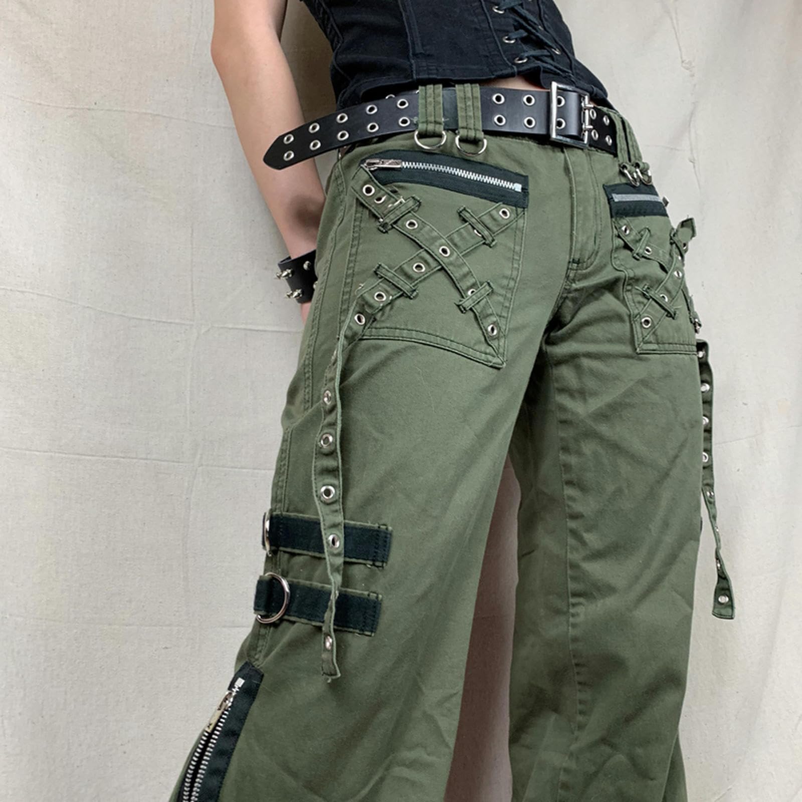WEITING Pantalones De Mujer Goth Punk Sueltos Retro Kawaii Pantalones Vendaje De Tiro Bajo Pantalones Cargo Grunge Verde Cremallera Jeans Pantalones De Chándal Coreanos-Verde-M