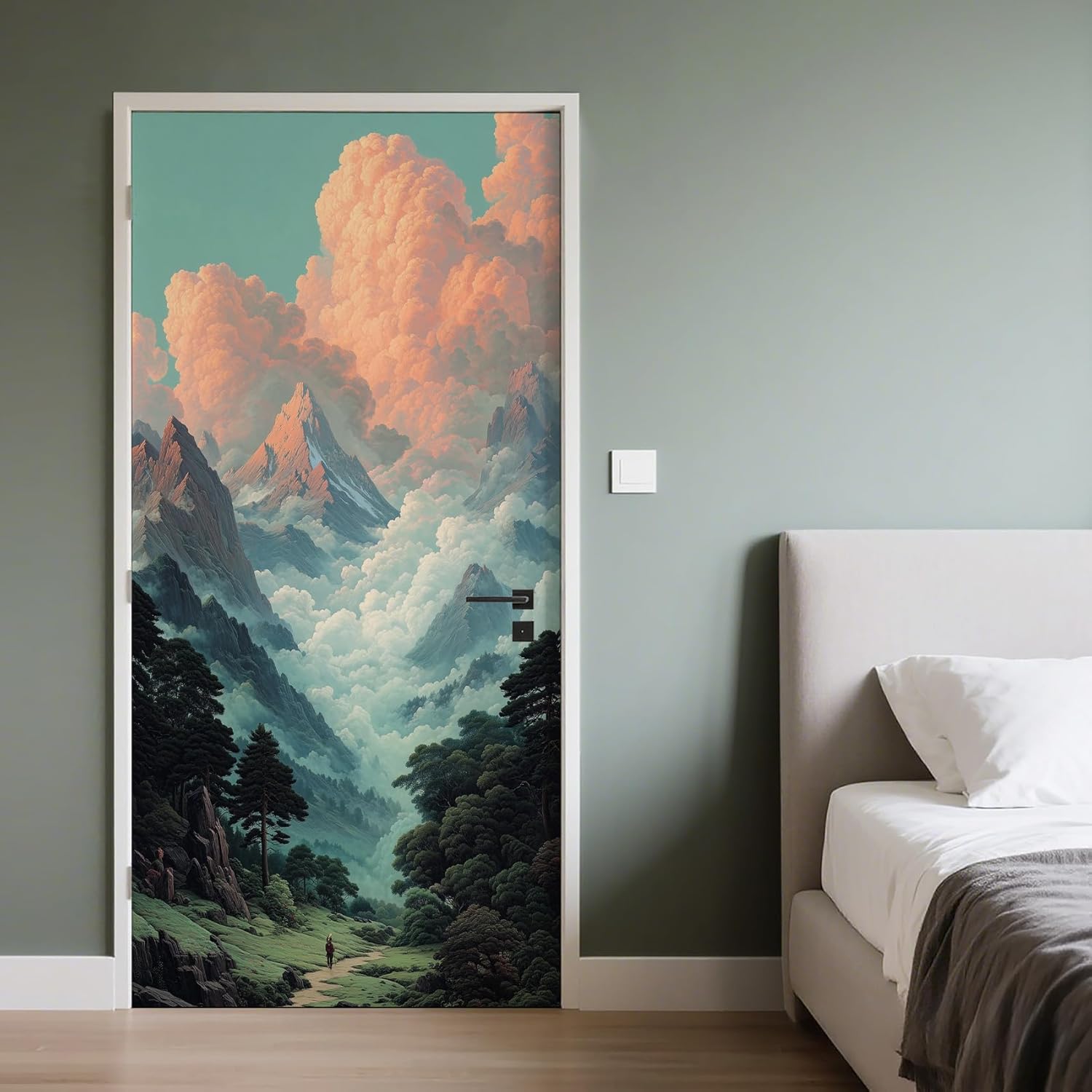 Fantasy Landscape 3D Door Stickers Forest Trees Door Murals Peel and Stick Clouds Wallpaper Self-Adhesive Removable Murals for Bedroom Living Room Decor 36"x80"