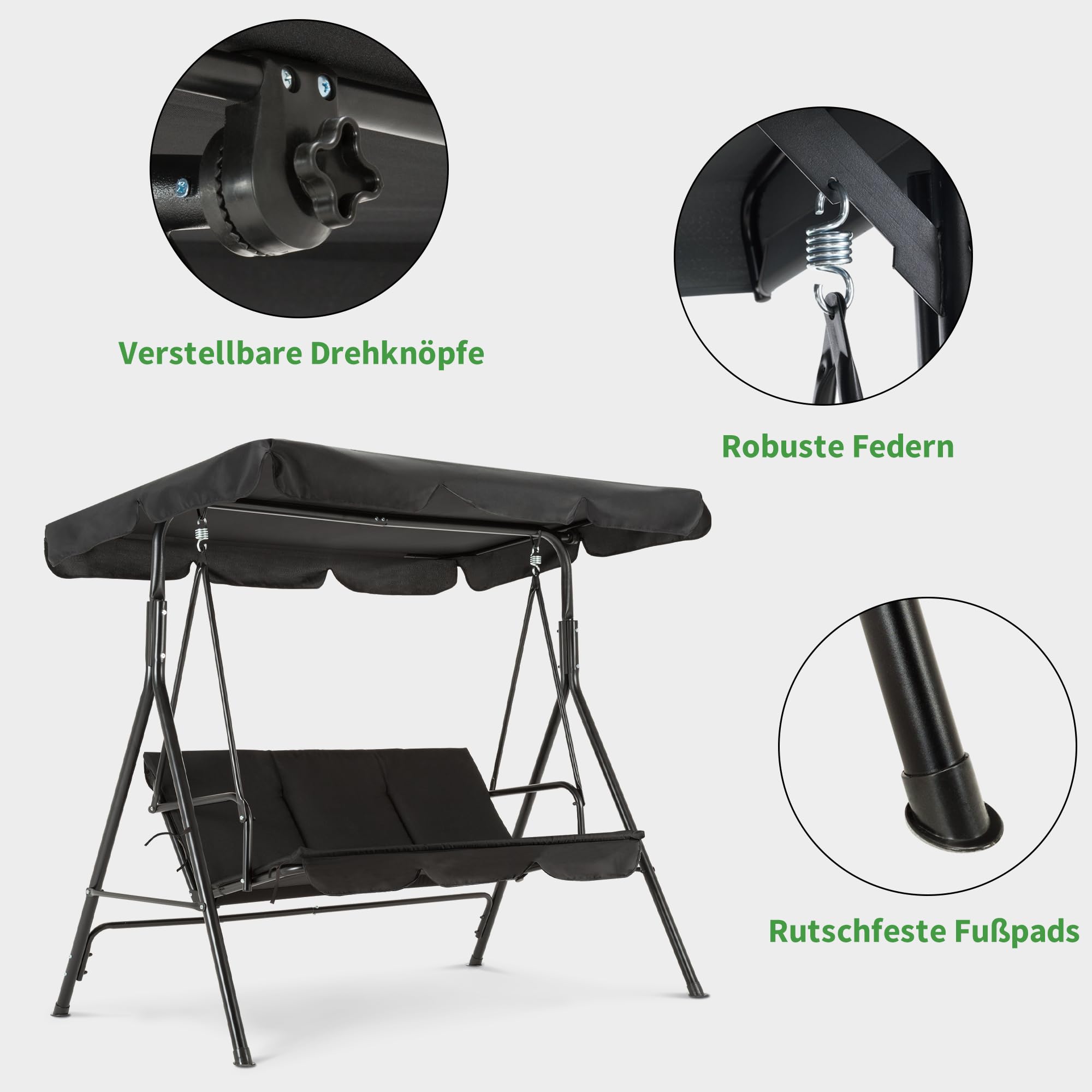 M MCombo 3-Sitzer Hollywoodschaukel, Gartenschaukel mit Verstellbares Sonnendach, Schaukelbank Outdoor, Gartenliege Wetterfest, 114 x 170 x 155 cm, Schwarz 8003