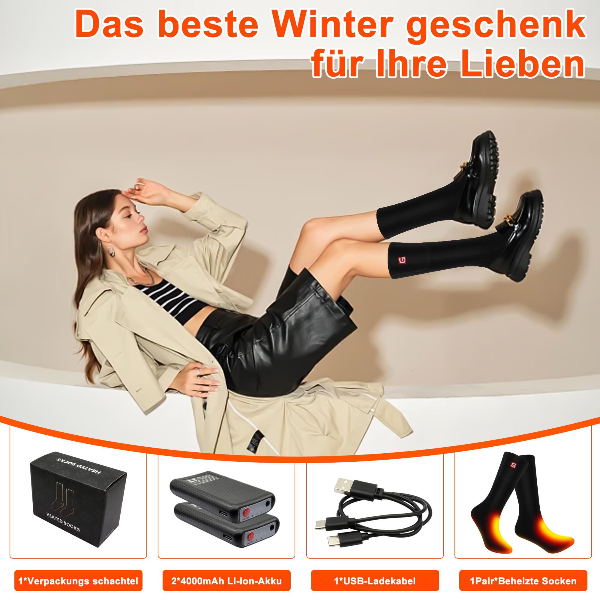 wiederaufladbare beheizbare Socken mit 3 Temperatureinstellungen | 4000 mAh Akku Unisex für Männer und Frauen, waschbar, warme Winter-Socken geeignet für Skifahren und Camping