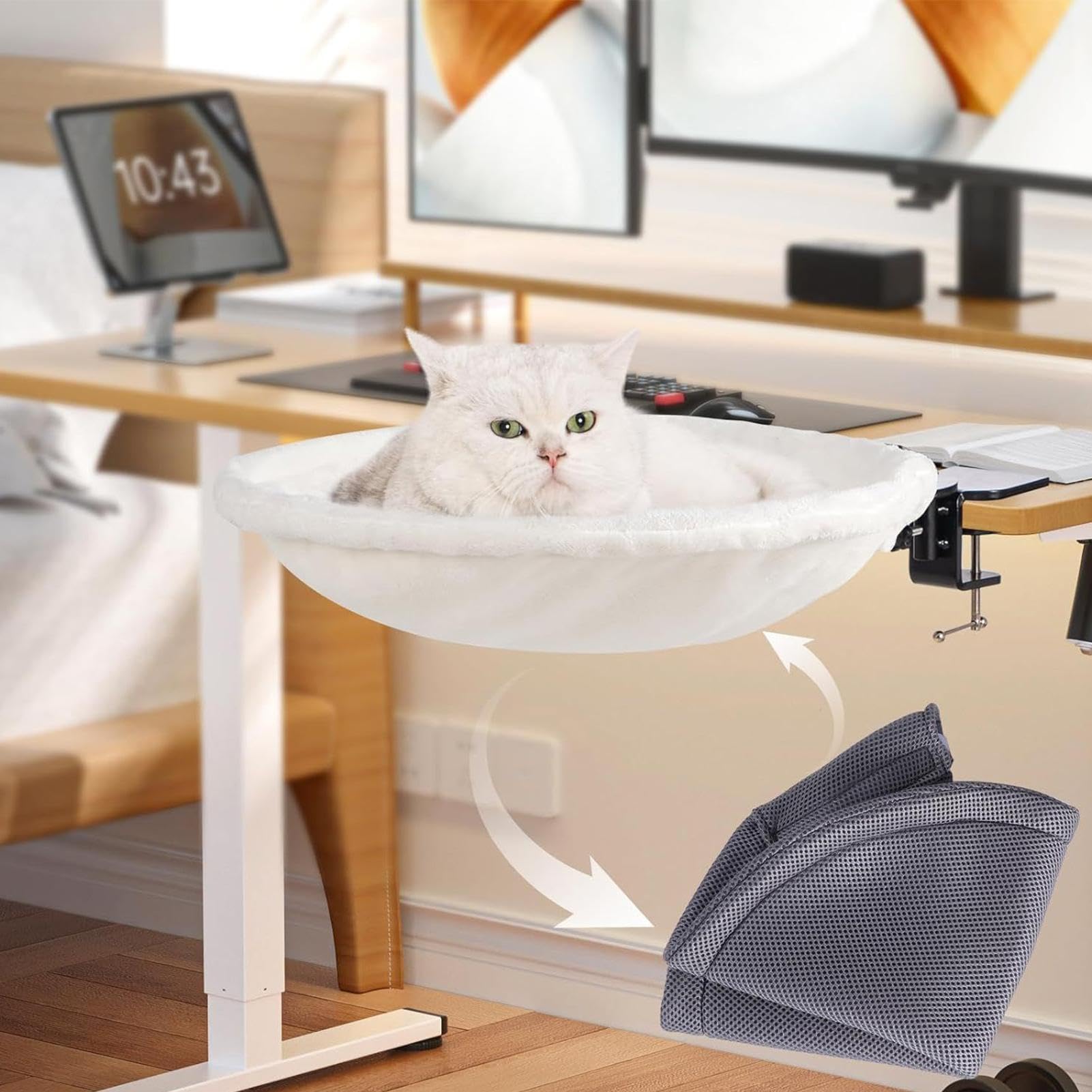 Cat Bed For Desk - 180° Rotating Kitten Hammock, Supporting Up To 50 Lbs | Comfortable Lounging And Resting, Washable Cat Bed For Sleeping Indoors, Balcony, Bookshelf, Windowsill Or Workplace