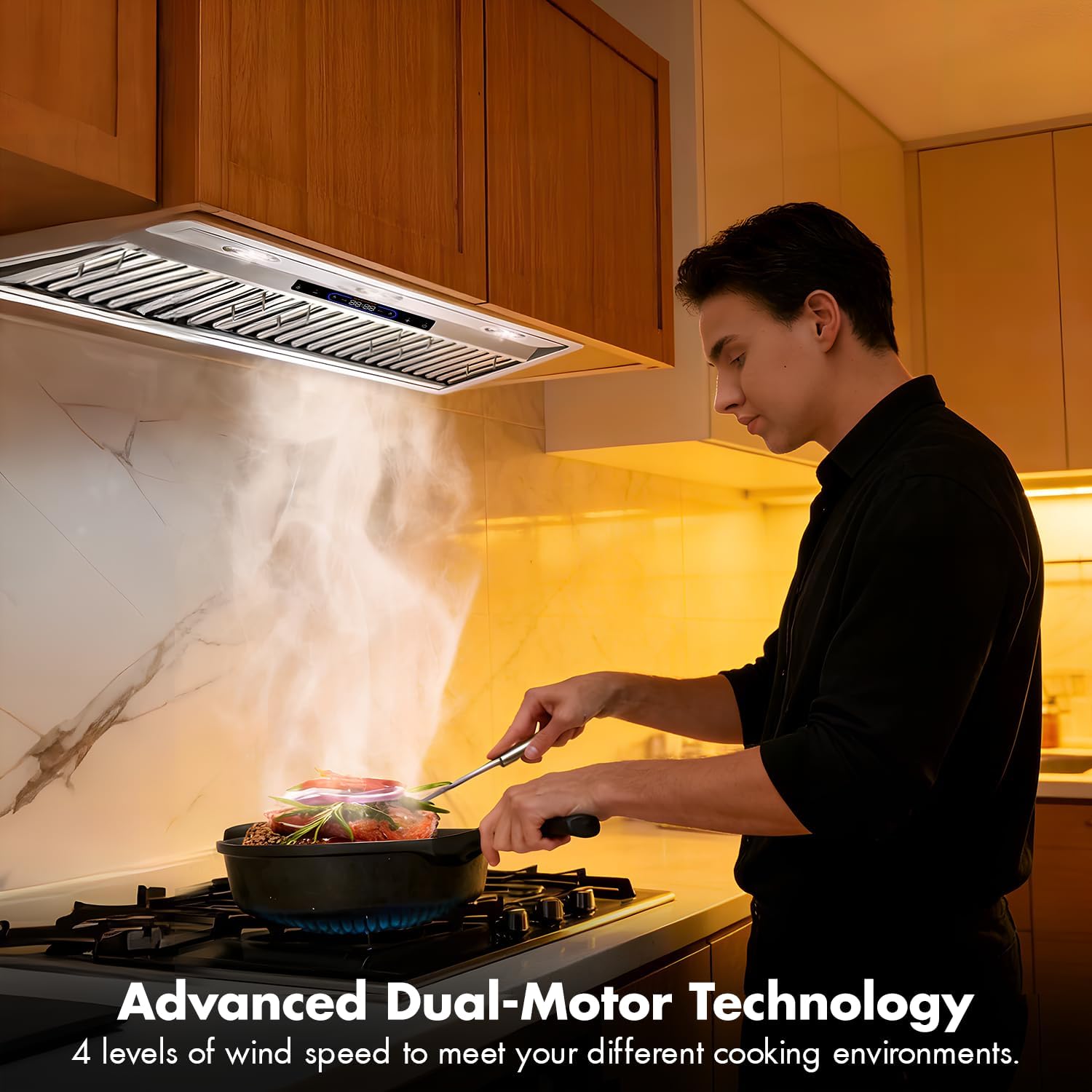 Micmi 48 inch Built-in Range Hood Insert Vent, Dual Motors Stainless Steel Kitchen 1400 CFM Gesture Sensing & Touch Control, Ducted, Baffle Filters, 4 Speed Stove Exhaust Fan, ETL listed