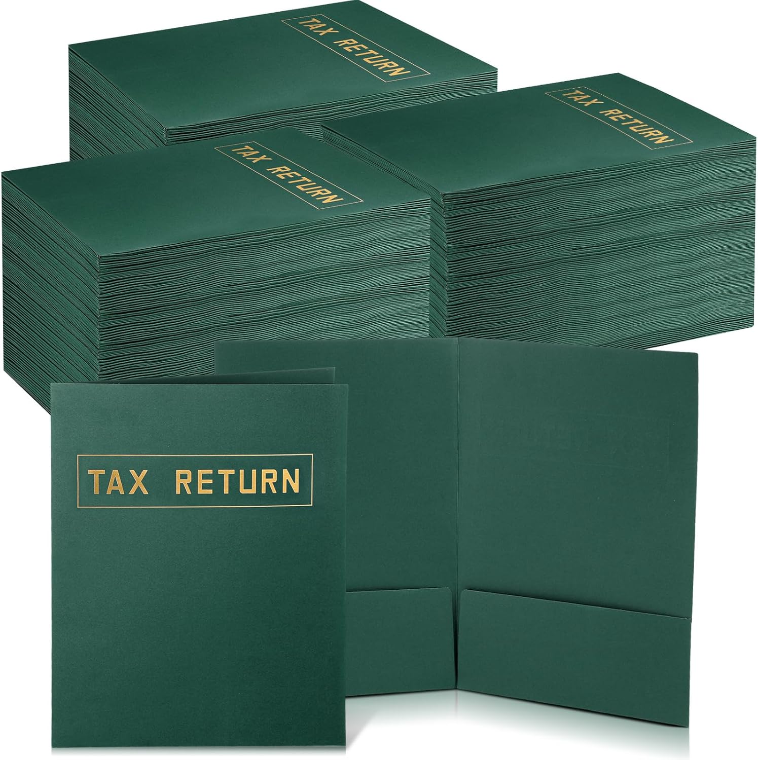Kosiz 300 Pcs Tax Return Folders Bulk 9 x 12 Inch 2 Pocket Gold Foil Stamped Folder with Pockets for Business Office Storing or Handling Personal and Customer Tax Return Organizer (Green)