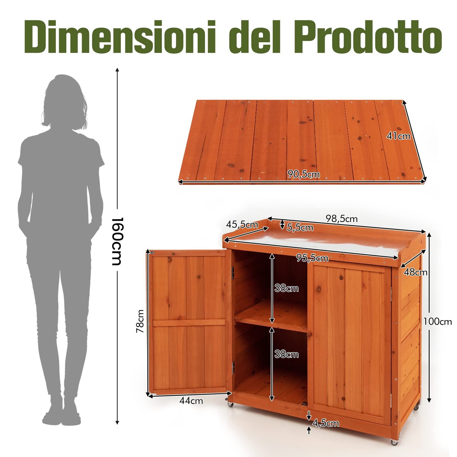 COSTWAY Armadio da Esterno in Legno, Casetta da Giardino con Ripiano Rimovibile e 4 Ruote Universali, Capanno Porta Attrezzi da Esterno e da Interno, 98,5 x 48 x 100 cm