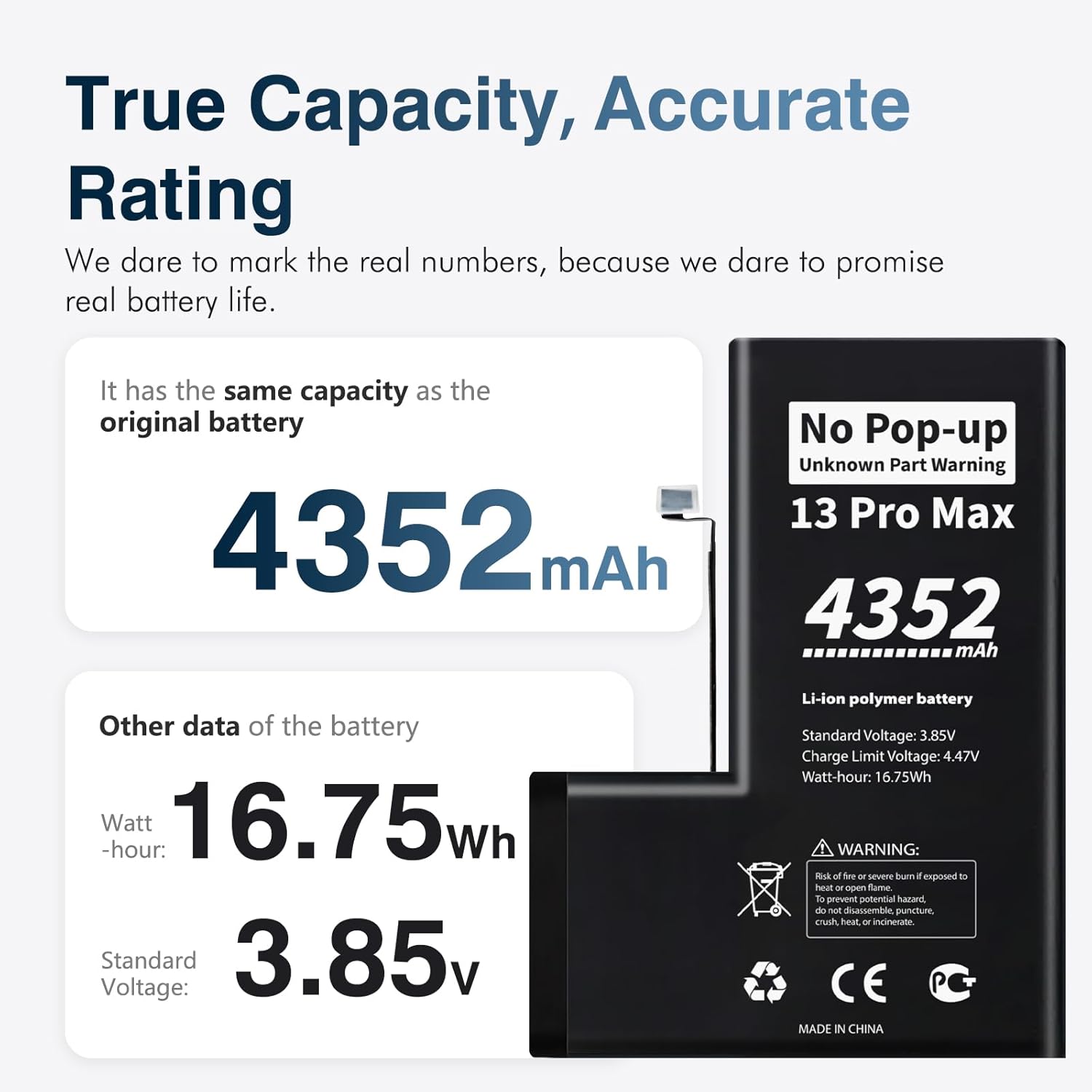 No Pop-up Unknown Part Warning for iPhone 13 Pro Max Diagnostic Battery,Truthfully Rated 4352mAh Capacity Li-Polymer Rechargeable Battery Replacement for iPhone 13 Pro Max with Full Tool Kit