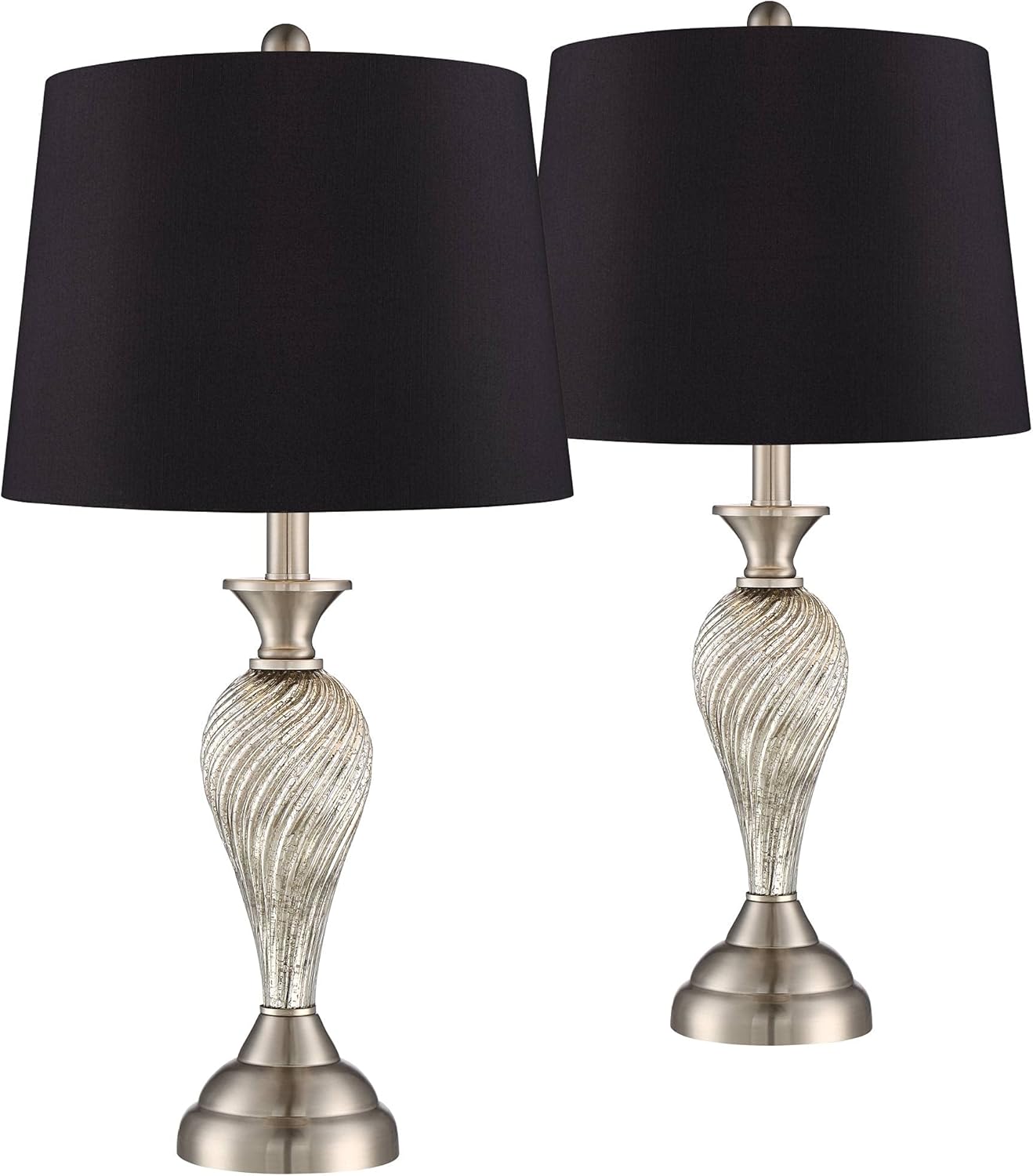 Regency Hill Arden 25" High Twist Modern Table Lamps Set of 2 Silver Brushed Nickel Finish Mercury Glass Black Shade Living Room Bedroom Bedside Nightstand House Office Home Reading Kitchen Entryway