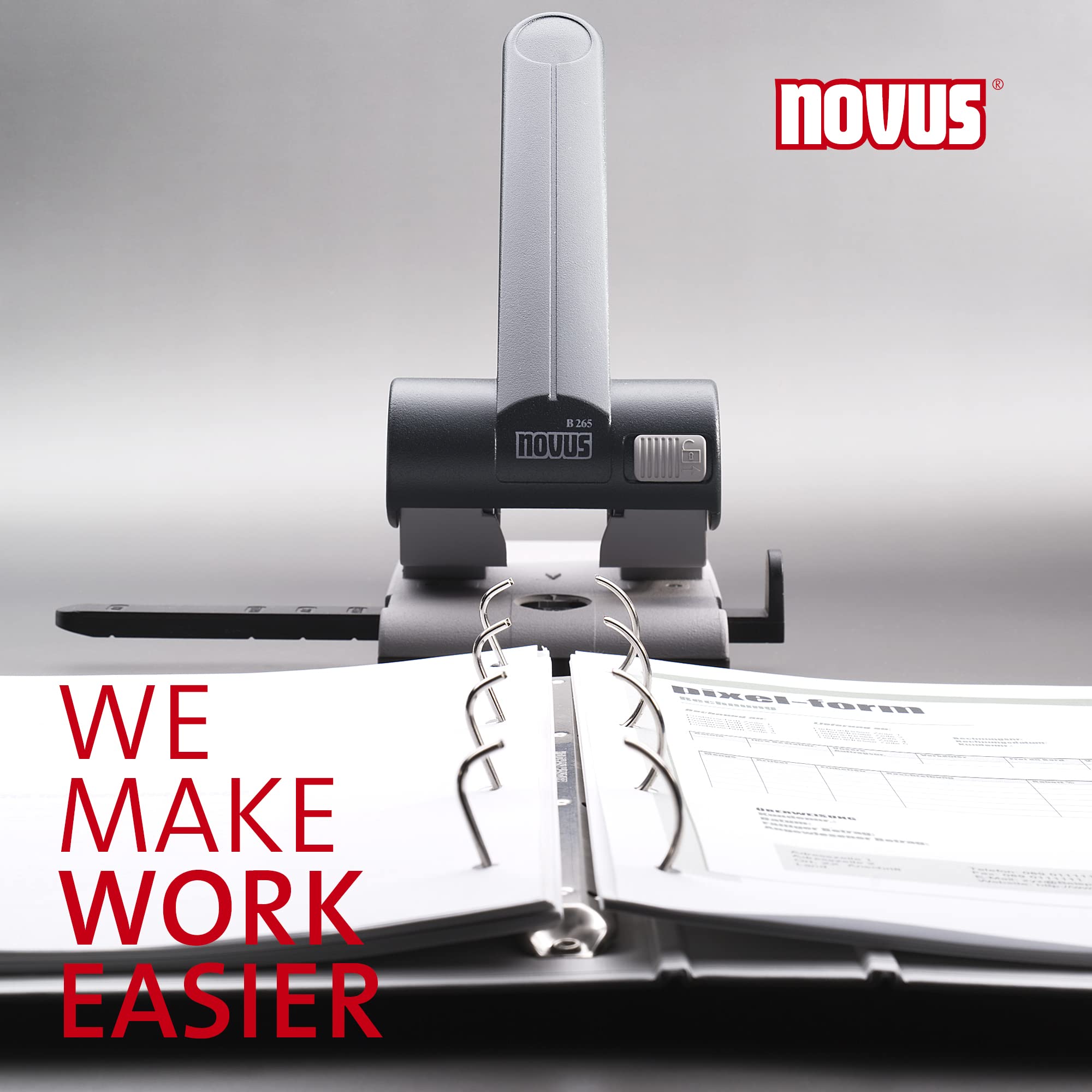 Novus Perforatrice B 265 (perforatrice de registre pour le bureau, métal, capacité de perforation) 65 feuilles, gris clair/noir