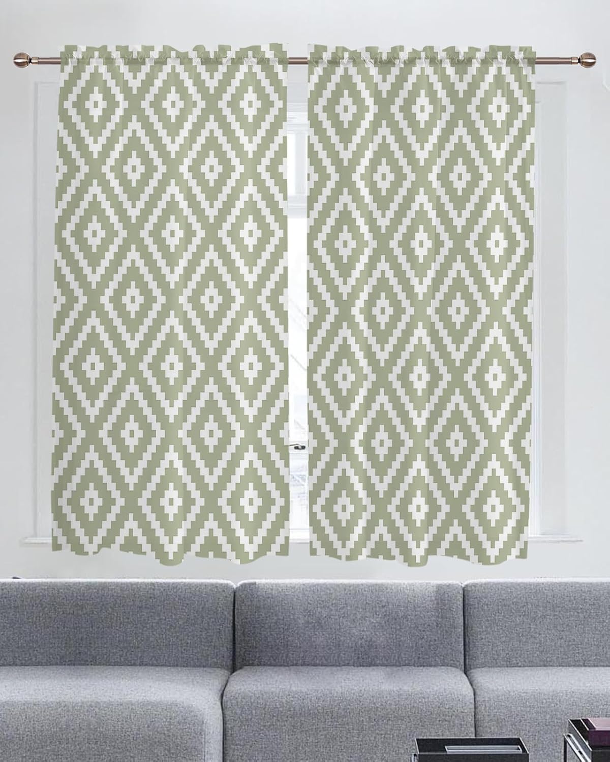 Sage Green Window Sheer Curtain Panels Sets of 2, Drape Curtains 72 Inches Long for Kitchen, Bedroom, Living Dining Room, Rod Pocket Drapery, Modern Abstract Minimalist Geometric 104x72
