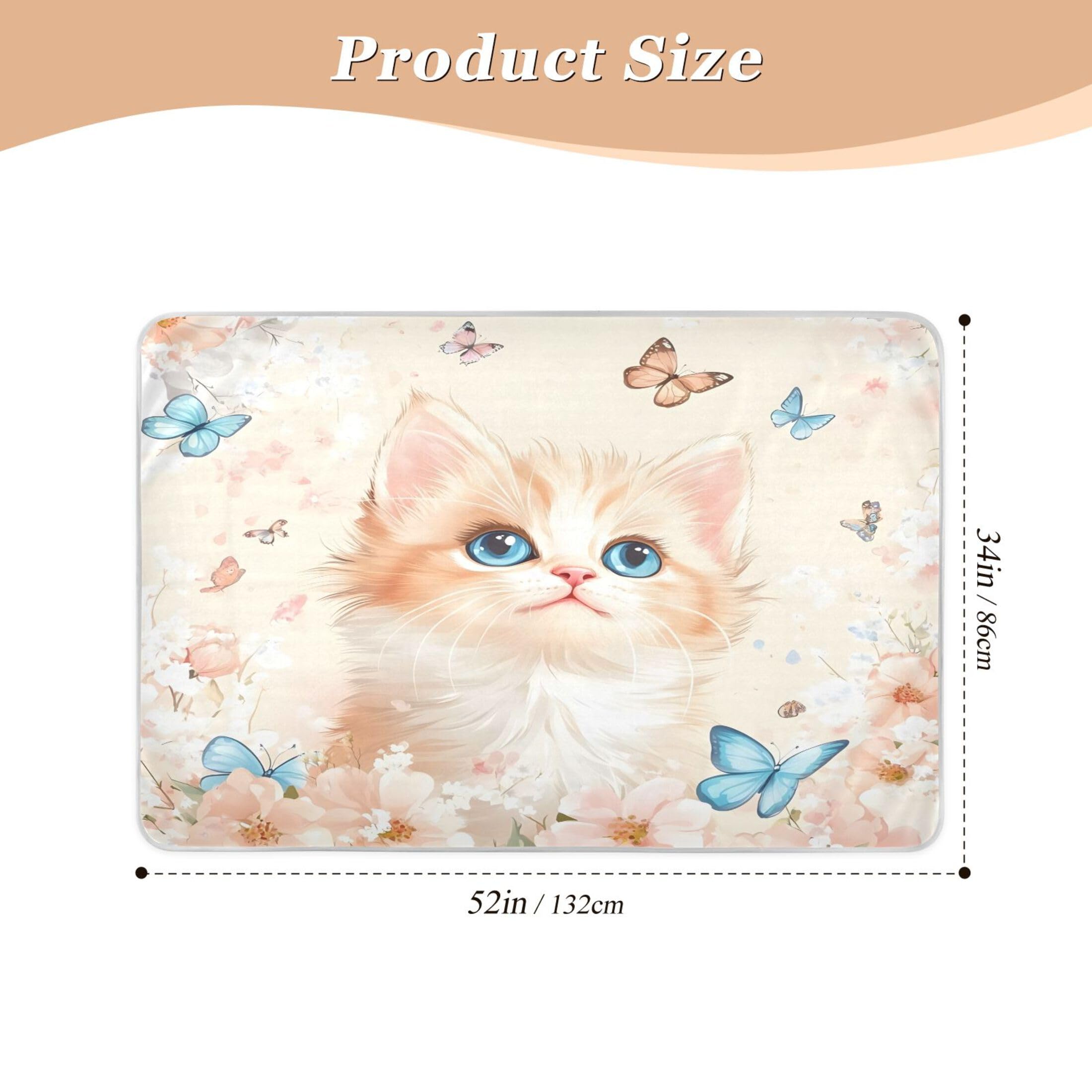 Takiito Cute Kitten Butterflies Bed Pad Reusable Bed Underpad Washable Waterproof Leak-Proof Quick Dry Incontinence Pee Pad for Toddlers Kids Adults Pets 34x52 in