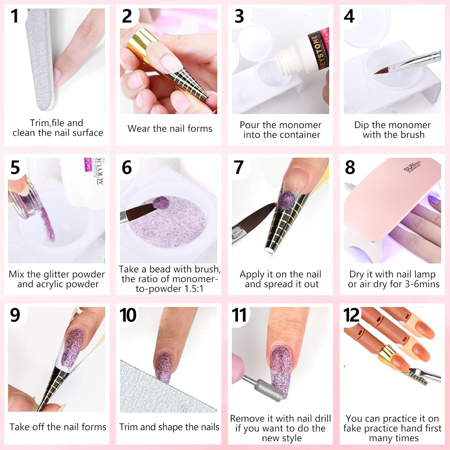 Nail Practice Hand for Acrylic Nails, Flexible Practice Nail Hand Training Kits, Movable Fake Nail Hand to Practice Fake Nails with Nail Drill, Nail Dryer Lamp, 12 Colors Acrylic Powder Beginners Kit