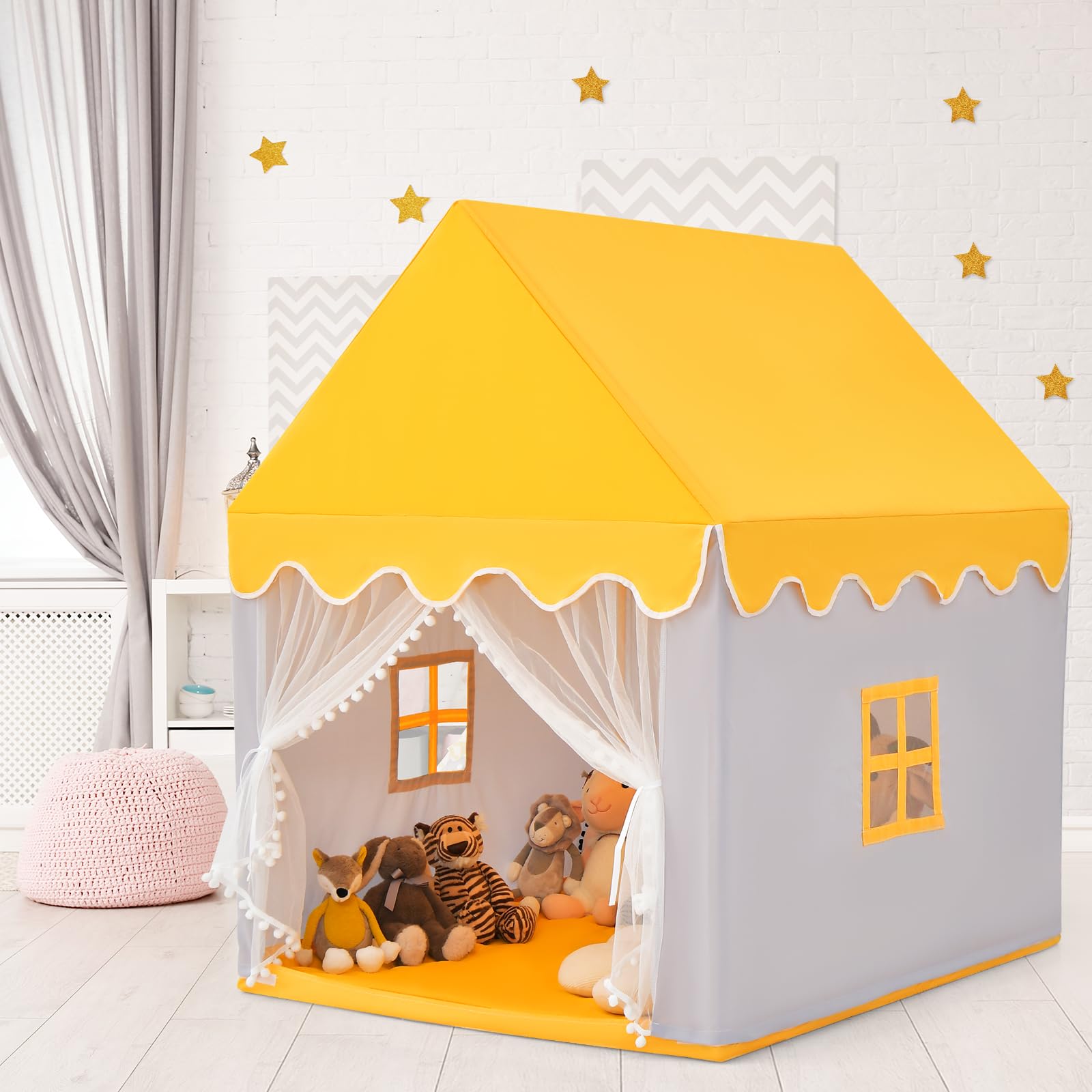 COSTWAY Kids Play Tent, Wood Frame Large Playhouse with Washable Mat and Windows, Indoor Outdoor Castle Fairy Tents for Boys Girls (Yellow+Grey)