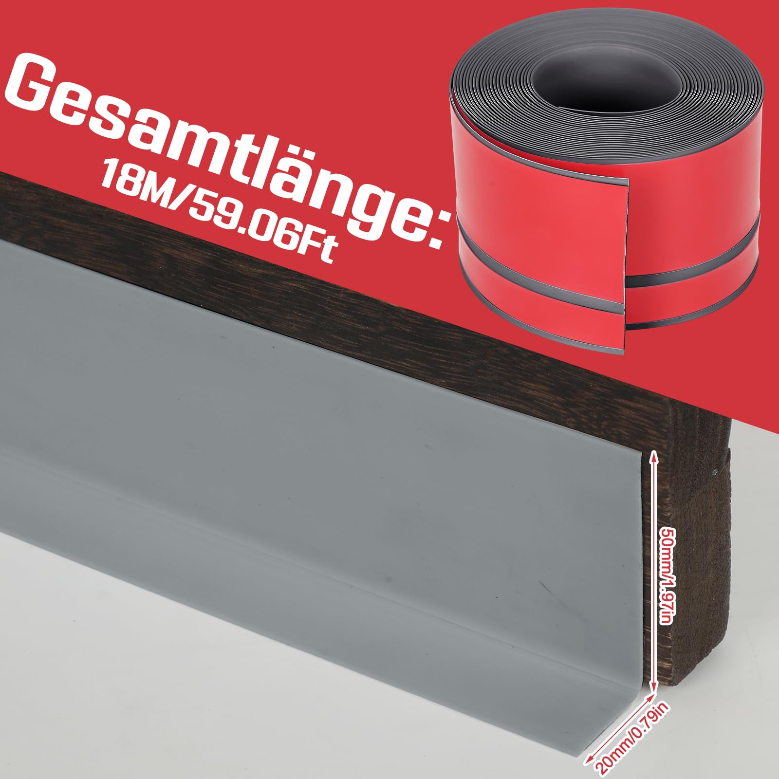 Rodapié autoadhesivo de PVC de 7 cm de ancho y 18 m de largo, ideal para cocina, baño y sala de estar, tira suave en color gris