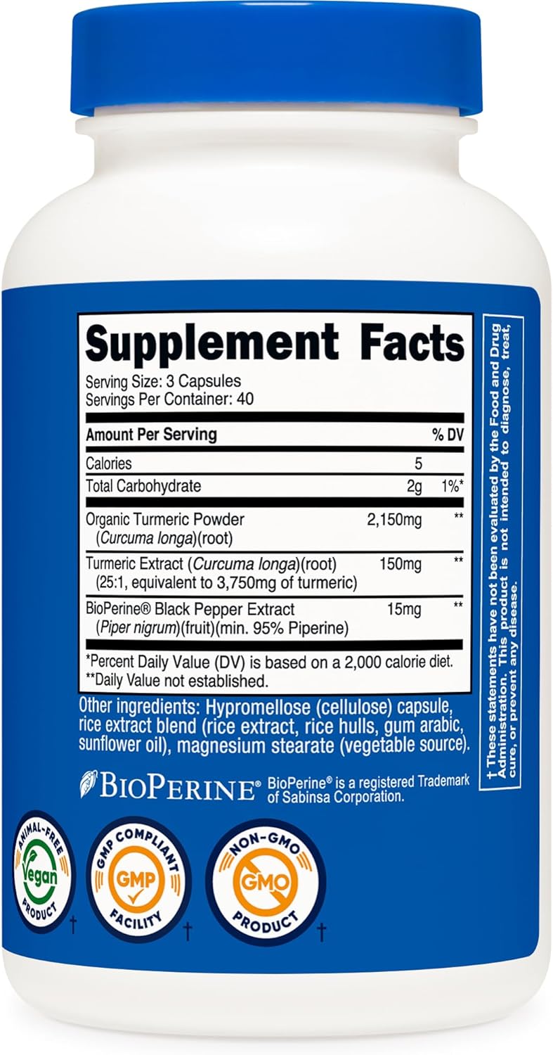 Nutricost Turmeric Curcumin Pills (3 Pack) with BioPerine and 95% Curcuminoids, 2300mg, 120 Capsules, Veggie Capsules, 767mg Per Cap, 40 Servings, Gluten Free, Non-GMO