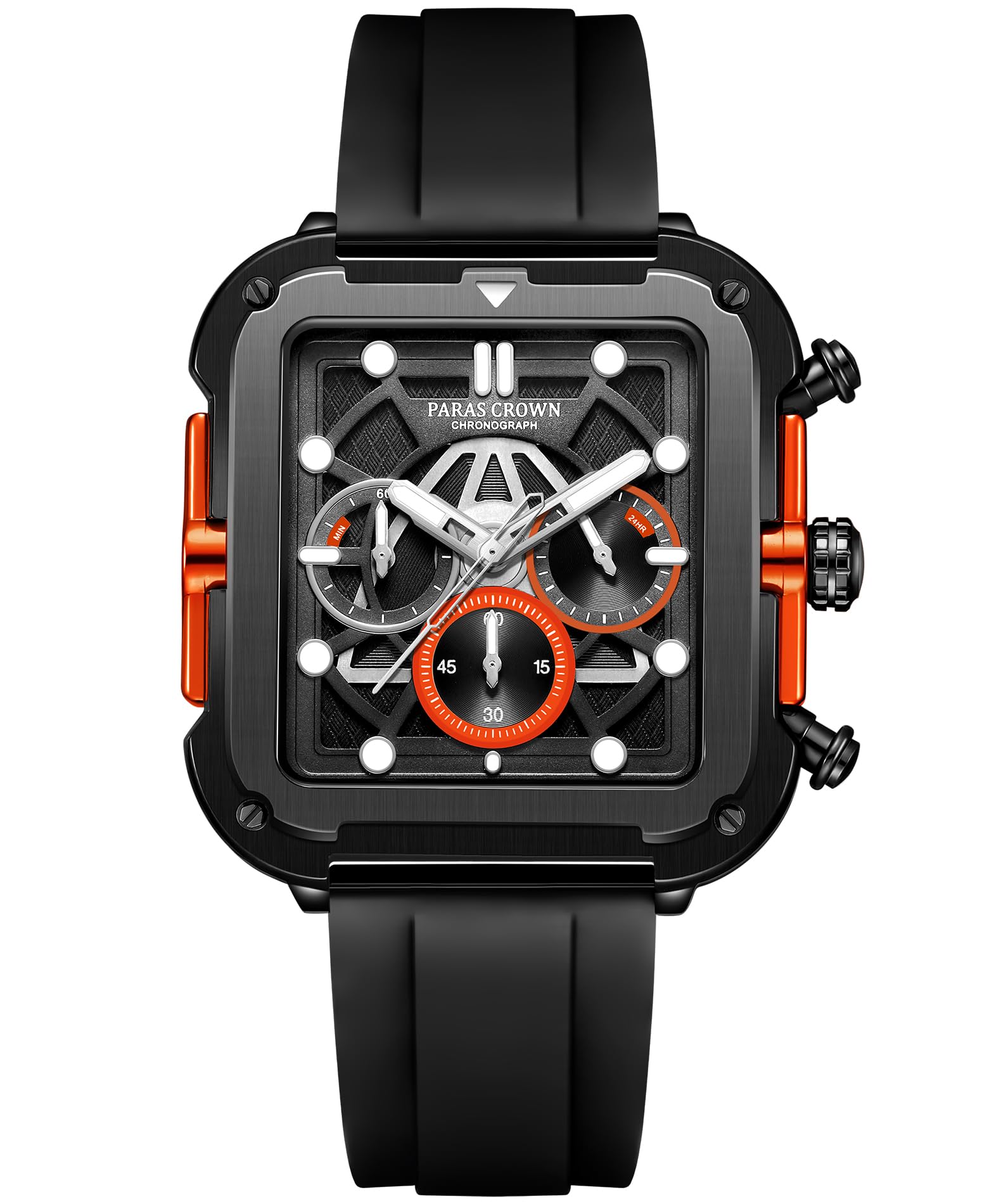 PC PARAS CROWN Mens Watches Fashion Luxury Quartz Waterproof Chronograph Wrist Watches for Men Silicone Strap Stainless Steel Case…, Orange, Sports,Fashion,Luxury,Casual (B0C7VGWH7V) Amazon Price History, Amazon Price Tracker