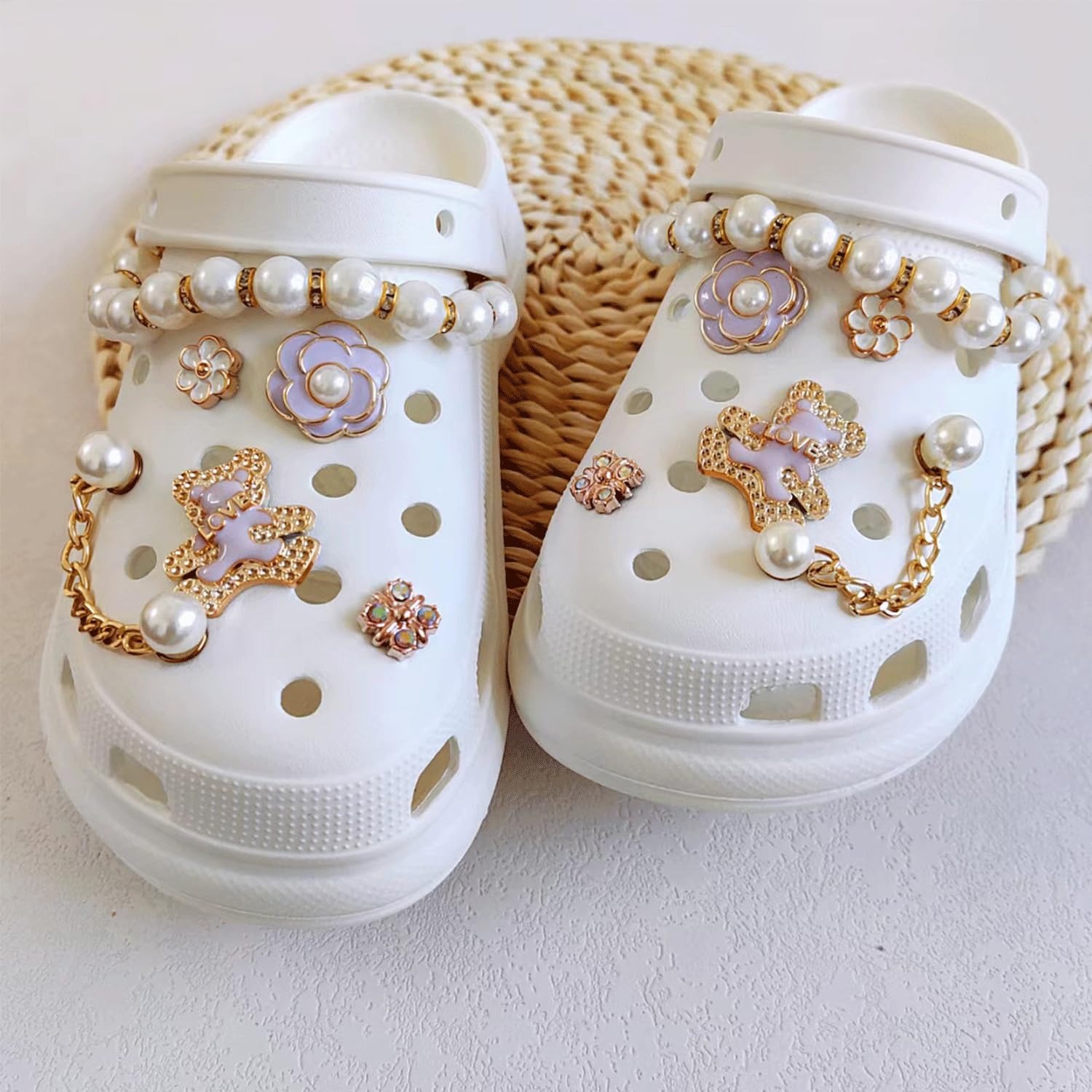 LEMONSTONE Crocs Charms Pins zestaw 12 sztuk, zdejmowane, urocze przypinki do butów z kwiatem, perłą, miś dla dzieci, dziewcząt i kobiet, błyszczące przypinki Croc (fioletowe)