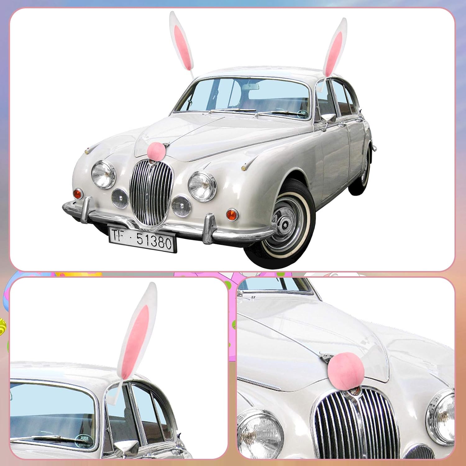 Easter Car Decoration Bunny Vehicle Costume Plush Bunny Ears Nose Rabbit Auto Accessories for Easter Party Christmas Gifts
