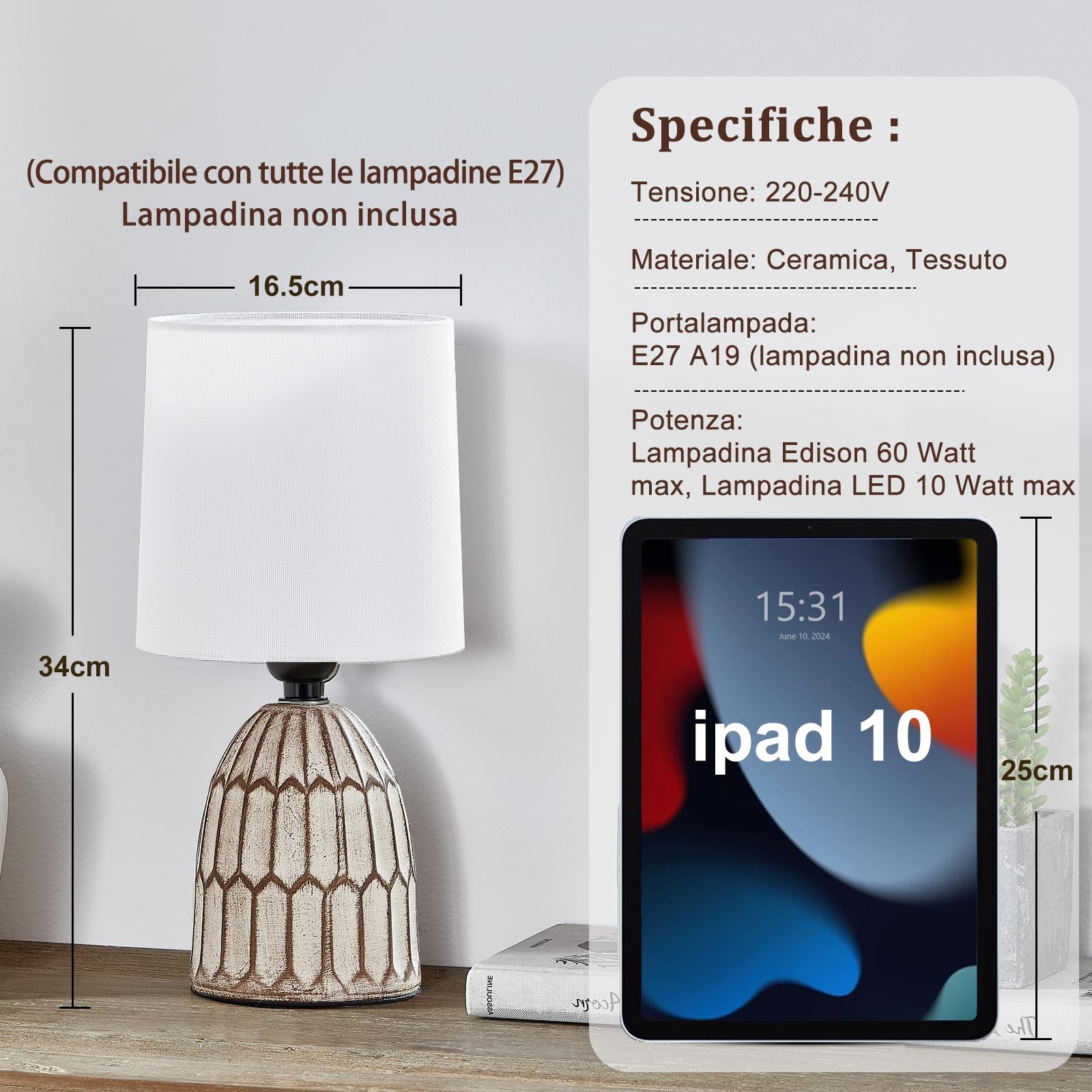 GyroVu Lampada da tavolo in ceramica set di 2, lampada boho per comodino, piccola lampada da notte con base in ceramica e paralume in tessuto per la decorazione di camere da letto e soggiorni