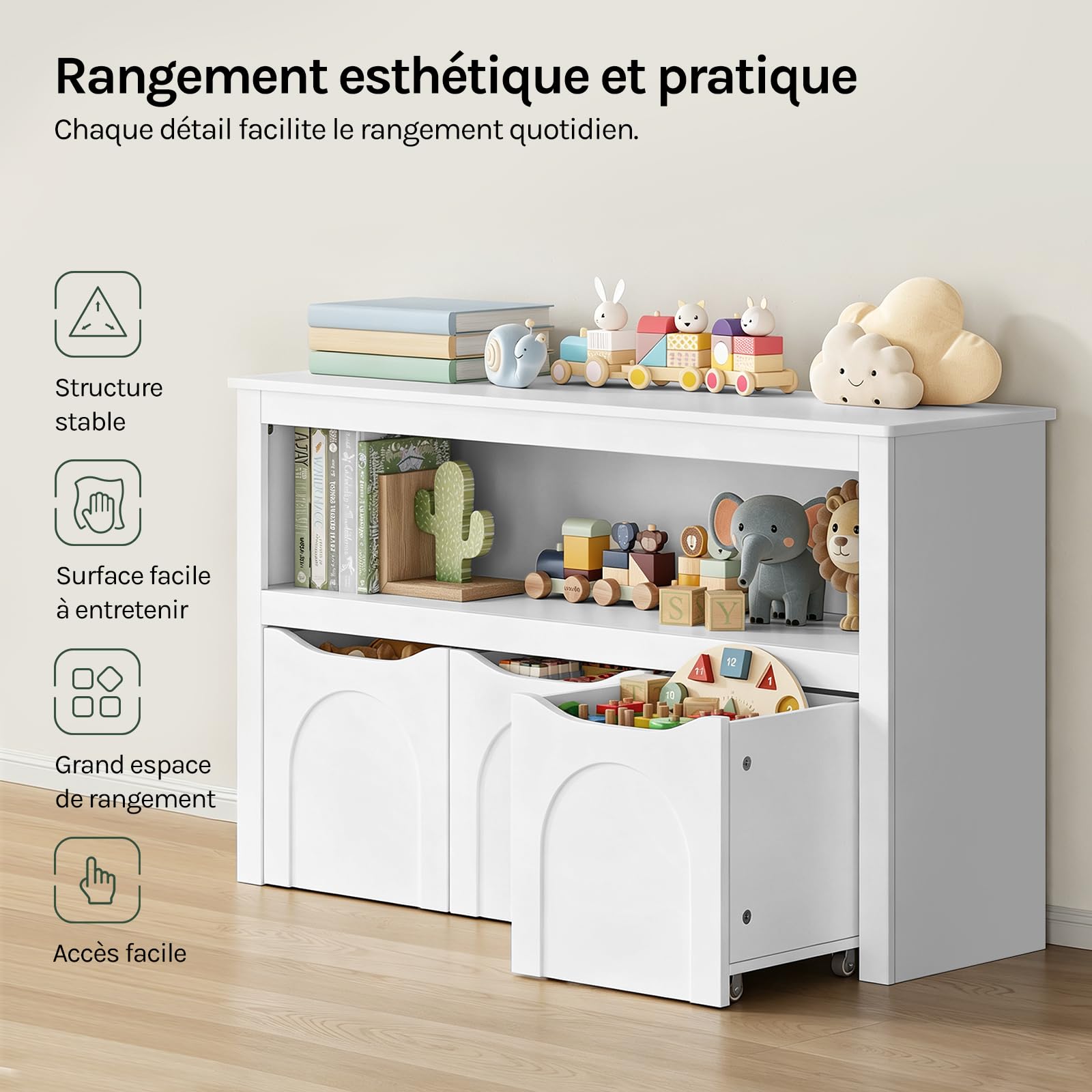 WOLTU Meuble Rangement Enfant, avec 3 Tiroirs Roulants, 1 Casier Ouvert