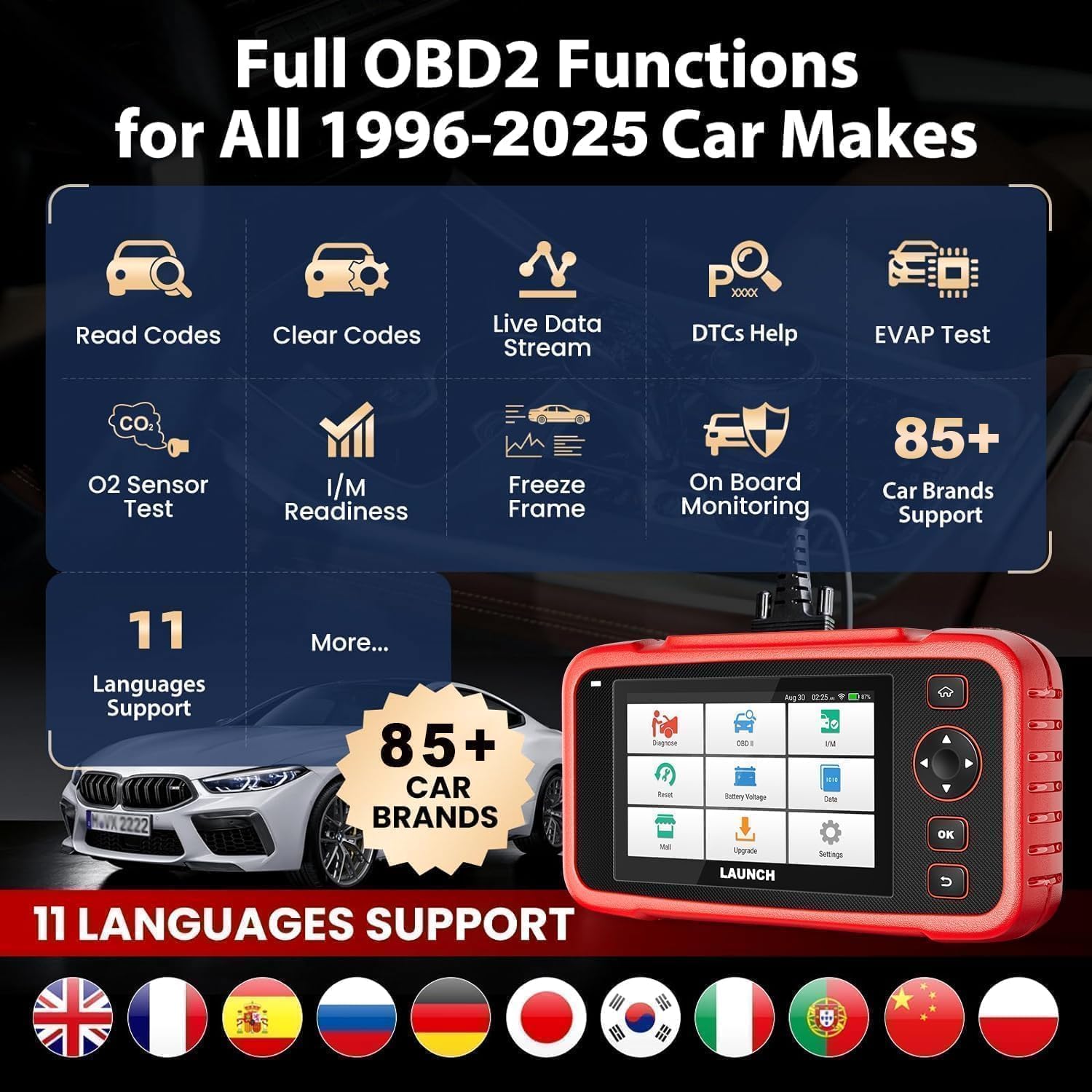 LAUNCH CRP129E V3.0 OBD2 Auto Diagnostica Italiano con 4 Sistemi e 12 Servizi di Riavvio, Diagnosi Sistema Motore ABS SRS Trasmissione, Ripristino Olio SAS DPF TPMS EPB Iniettore Codifica BMS OBD 2