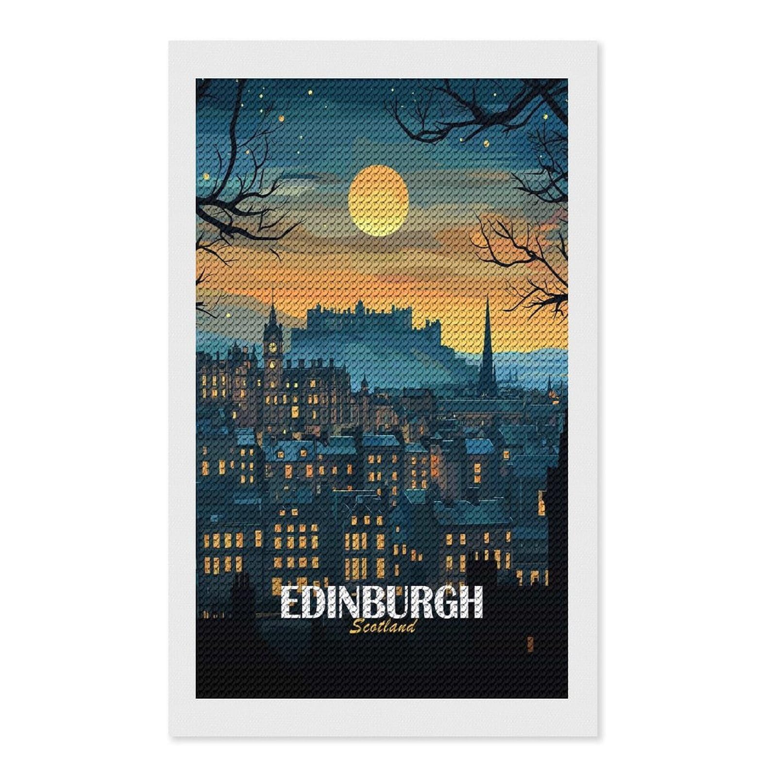 Junmoney Edinburgh Scotland Nightscape Illustration Full Drill Diamond Painting Kit 12"x20", Sparkling Round Gems, Decorate Your Room, Mindful Craft Activity