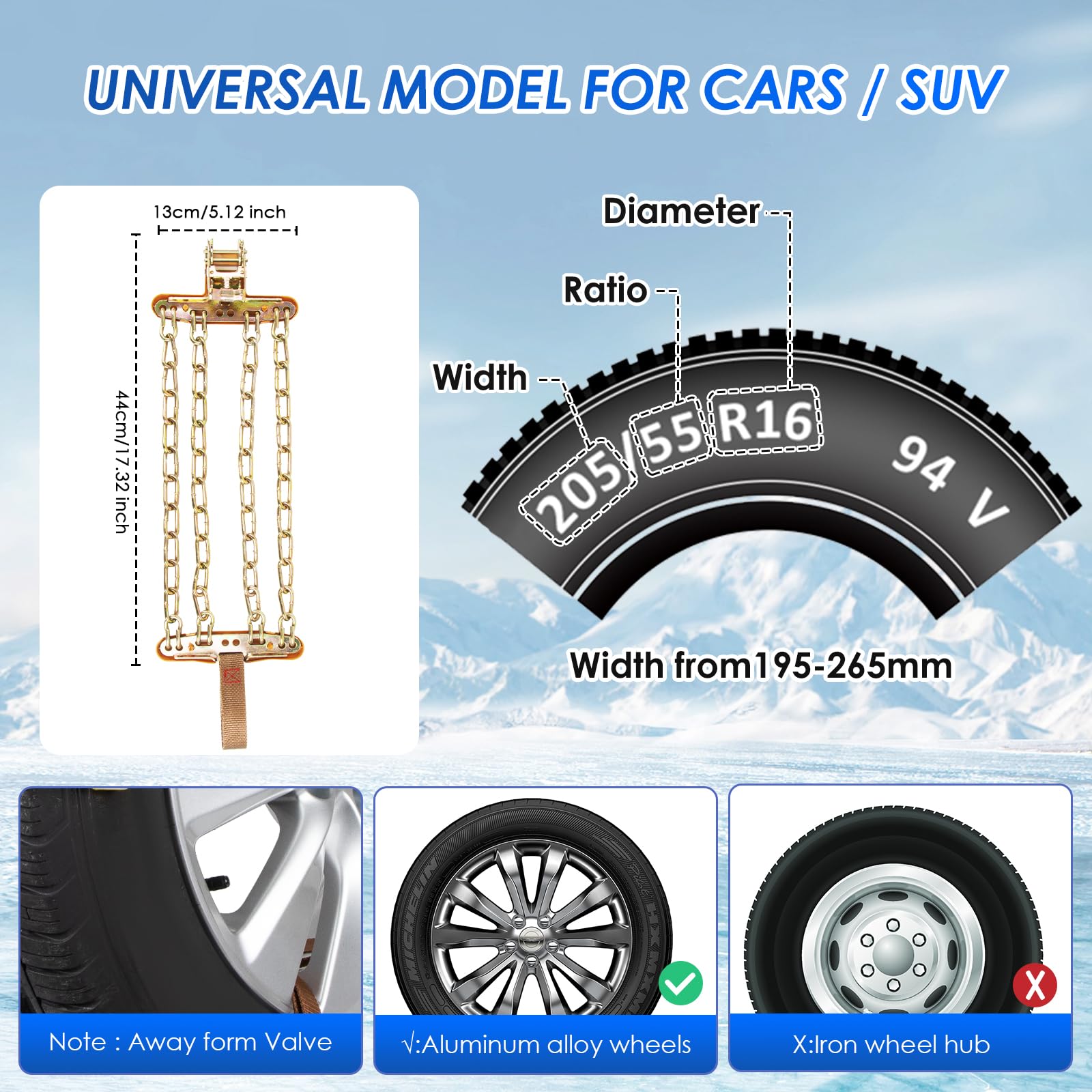 Ninonly Cadenas Coche 6Piezas Cadenas Nieve Universales Emergencia Antideslizantes para Vehículos Coches Furgonetas SUV Ancho 195-265 mm Para Barro, Arena, Nieve, Hielo