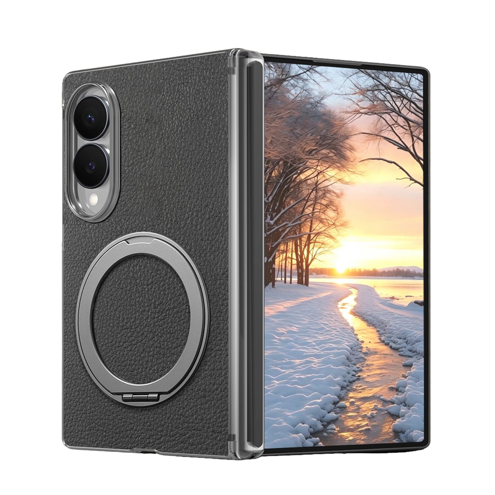 Custodia magnetica for Samsung Galaxy Z Fold 8, con supporto girevole ad anello in metallo Custodia protettiva con cerniera in pelle antiscivolo(Black)