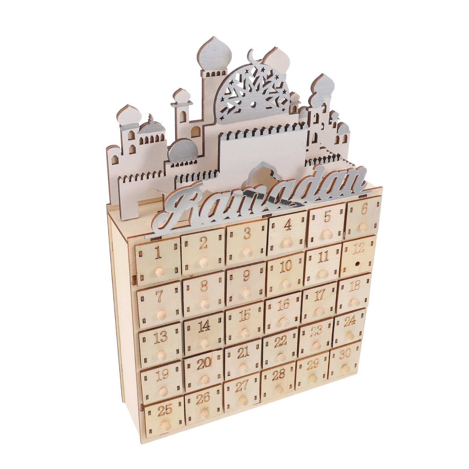 FOMIYES Adventskalender Festivaldekoration Ramadan und LED Beleuchtung mit 30 Kleiner Schubladen Beige für Eid und Muslimischen Countdown im Schlafzimmer