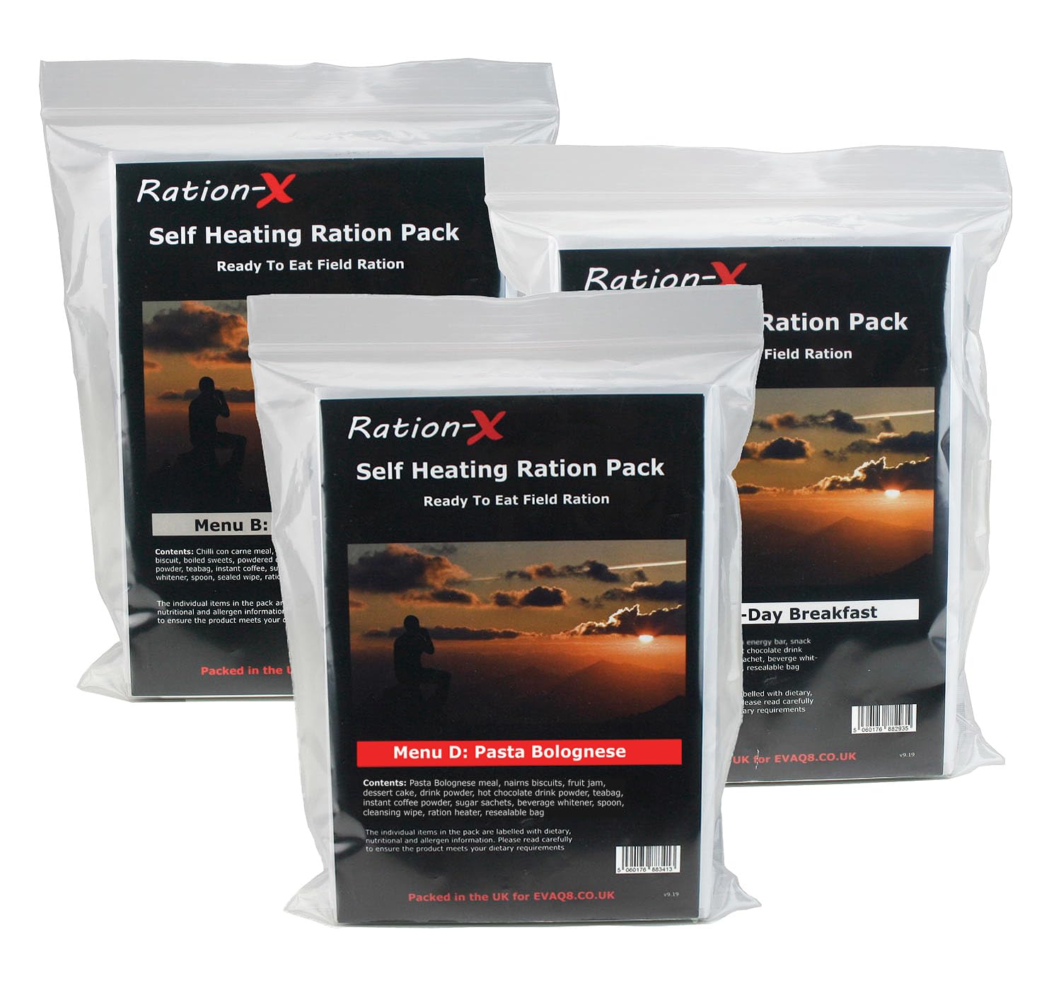 Pack of 3 Self Heating Field Ration Packs - Ready To Eat Camping Meals Menu A, B & D