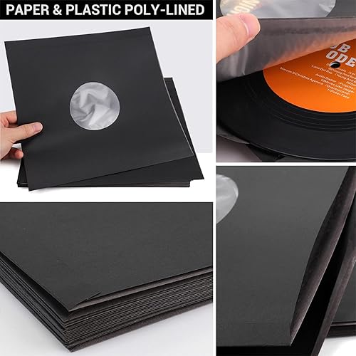 Miniatura 6 de Facmogu 20 fundas interiores de papel negro y plástico con forro de poliéster de 110 gsm, fundas de disco LP de 110 gsm, fundas de almacenamiento de
